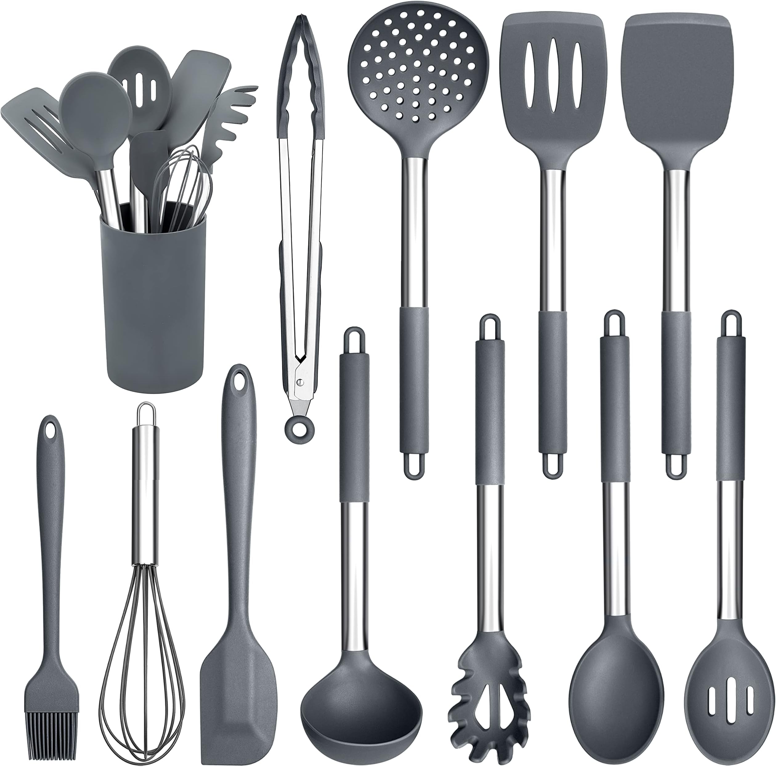 Herogo Kitchen Utensils Set, 12 Pieces Silicone Cooking Utensils with Stainless Steel Handle, Heat Resistant Cooking Tools Turner Spoon Spatula Set with Holder, Easy to Clean - Grey