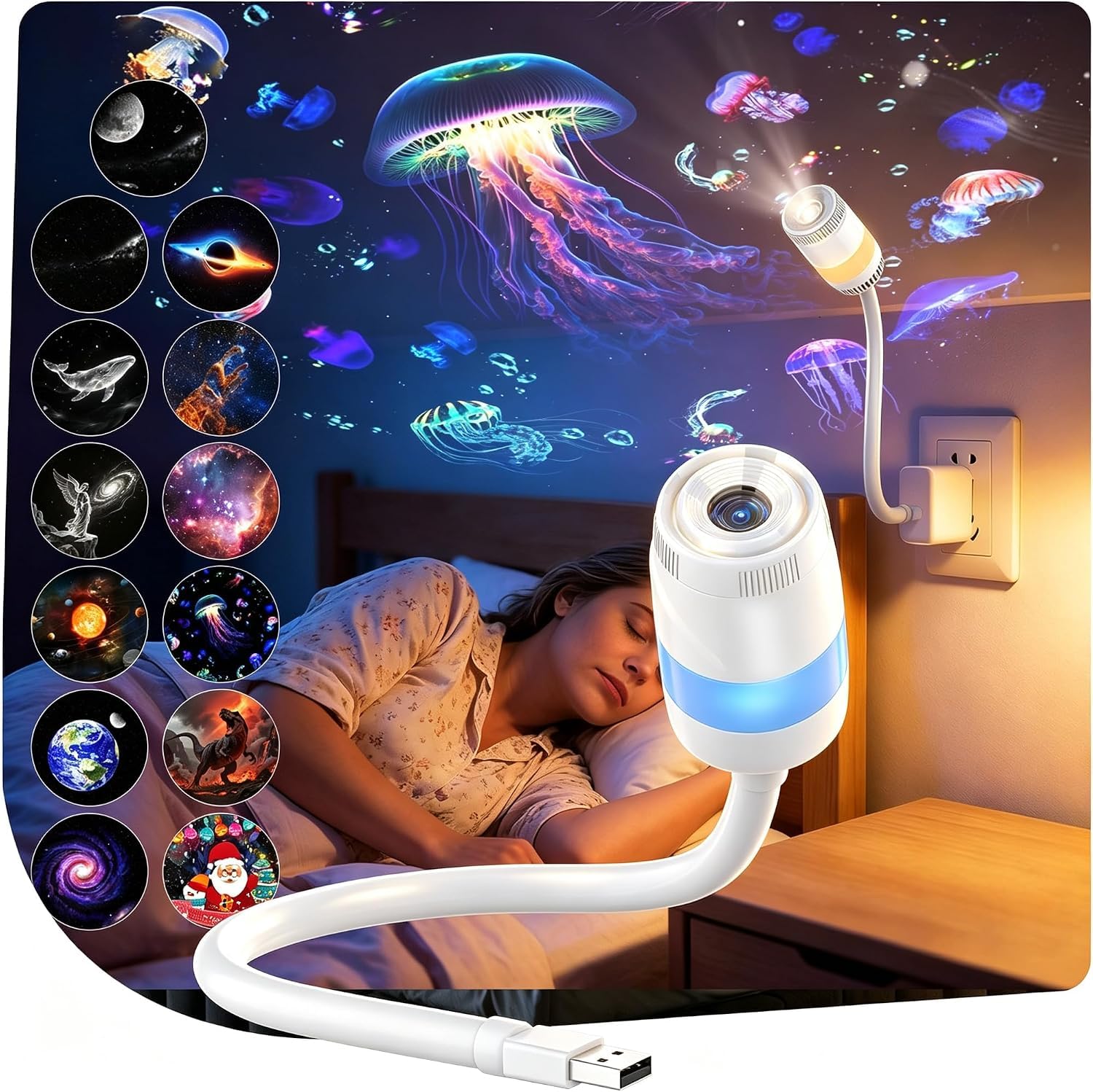 2027 Upgraded Galaxy Projector Lamp with 13 Switchable Films, USB Star Moon Night Light with 10 Colors, 360° Adjustable Gooseneck Starry Sky Projection for Bedroom, Living Room Decor (13 Films)