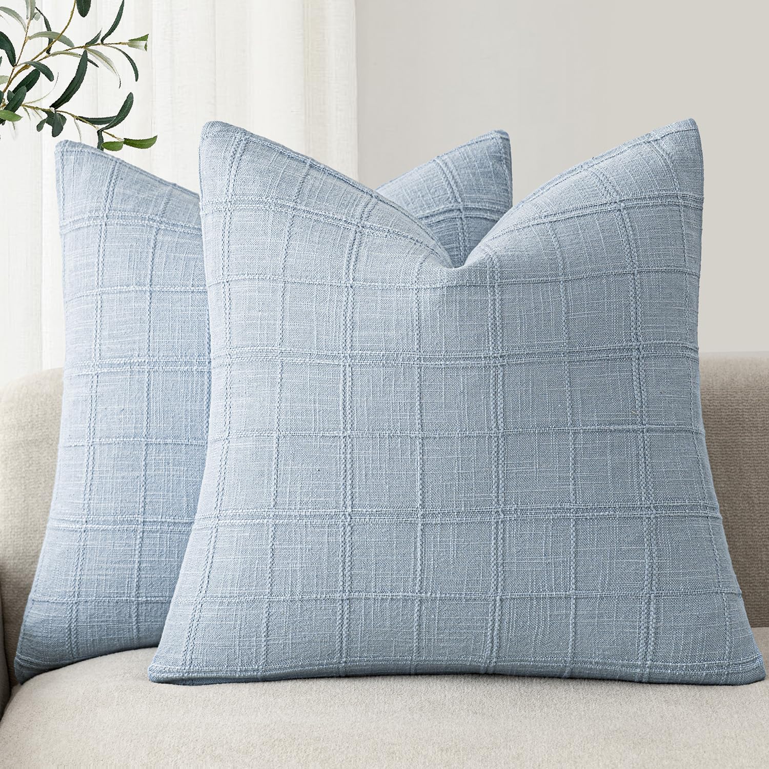 Foindtower Boho Linen Check Decorative Throw Pillow Covers 24×24 Sky Blue