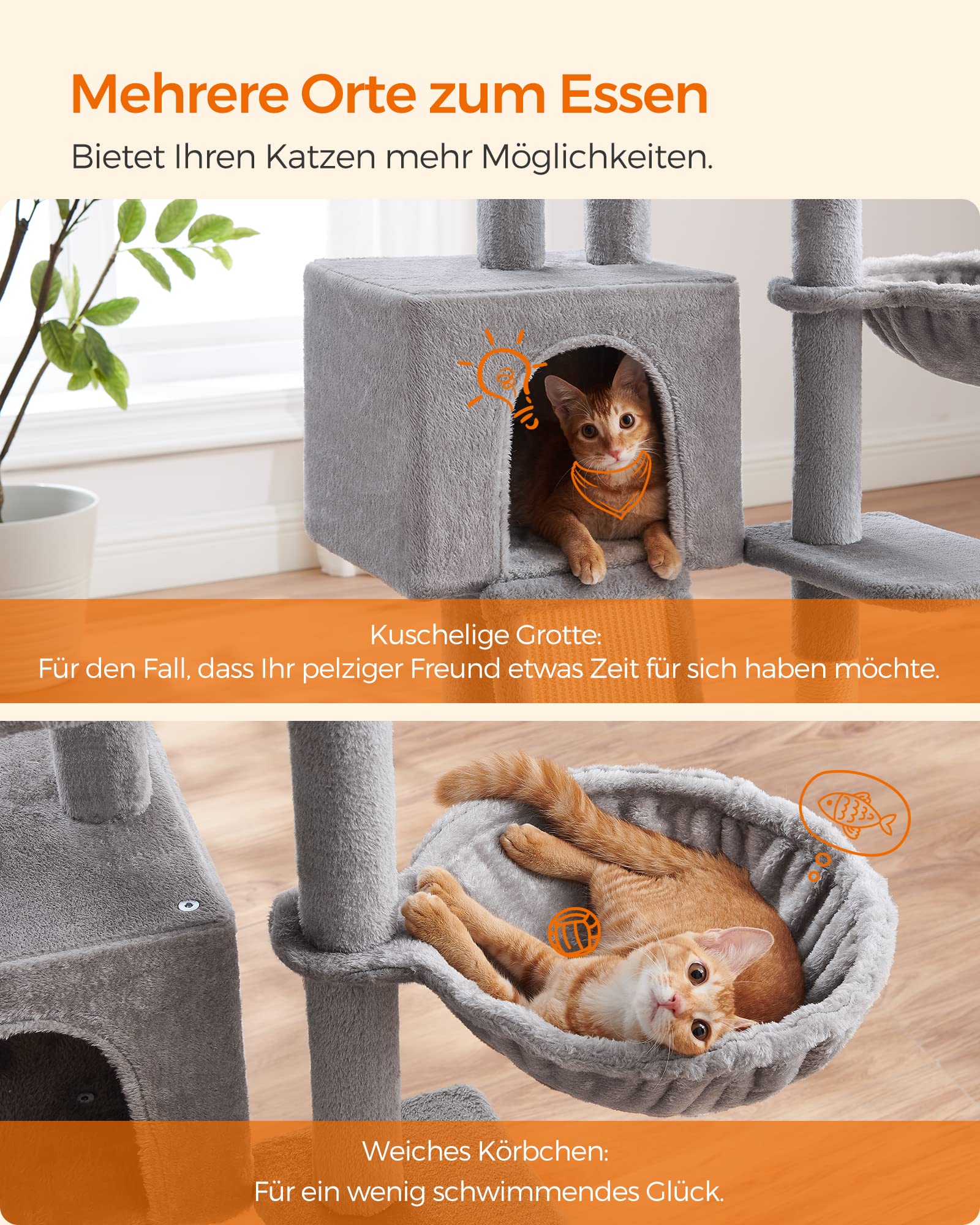 Feandrea Kratzbaum, 135 cm Kleiner Katzenbaum, mehrstöckiger Plüsch-Katzekratzbaum mit waschbarer, Abnehmbarer Sitzstange, Kratzstamm, Korb, Höhle, hellgrau