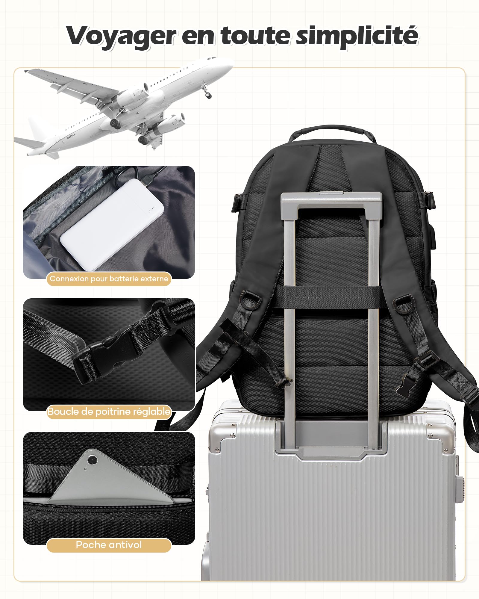 Sac à Dos Compression Sous Vide Avec Pompe,Noir Sac a Dos Voyage Cabine Avion Impermeable Sous Vide Femme Homme, Ryanair Bagage Cabine Easyjet Grande Capacité USB