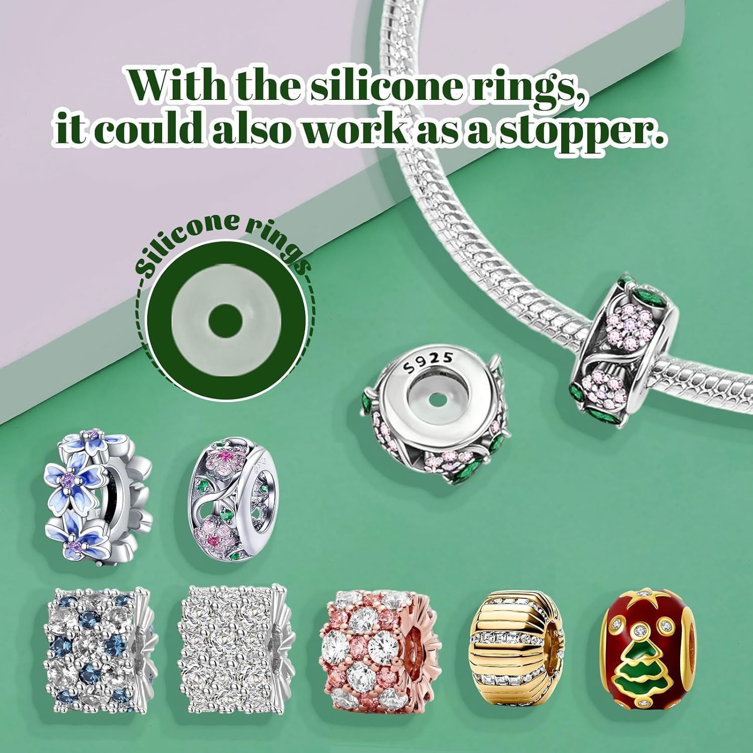 2PCS S925 Clip Stopper Spacer Charms for Pandora Bracelets, Pavé, CZ, Silver 14K Gold Rose Gold Plated, for Christmas Mothers Valentine's Day Graduation, Jewelry Gifts for Women - Image 5