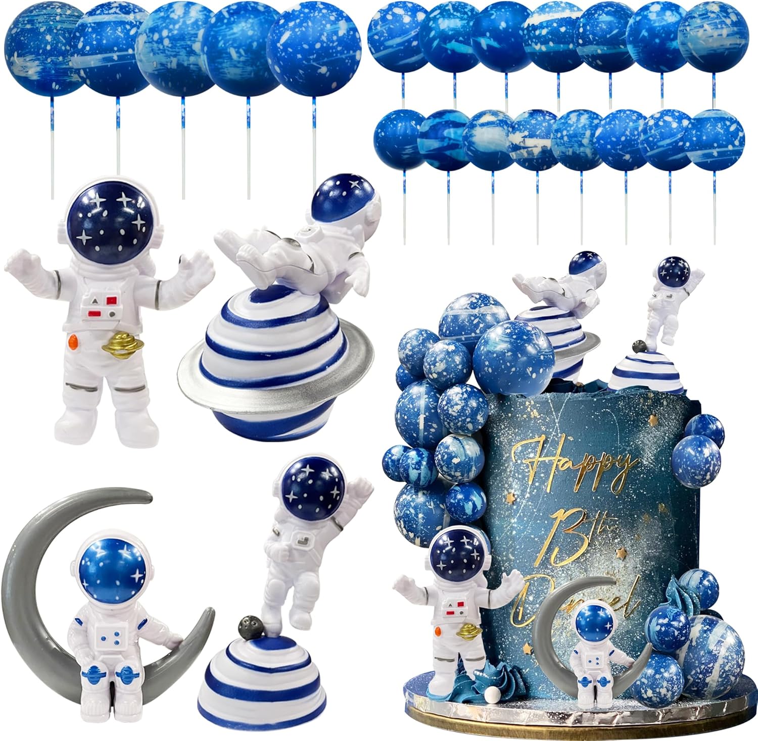 Astronaut Figurines Space Cake Toppers Blue Star Ball Cake Toppers for Space Theme Party Kids Birthday Party Baby Shower Supplies (Royal Blue)