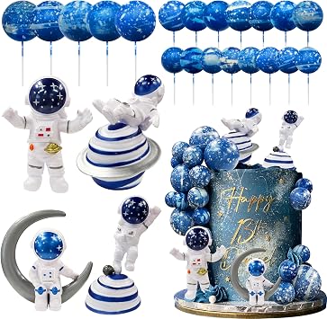 Astronaut Figurines Space Cake Toppers Blue Star Ball Cake Toppers for Space Theme Party Kids Birthday Party Baby Shower Supplies Royal Blue
