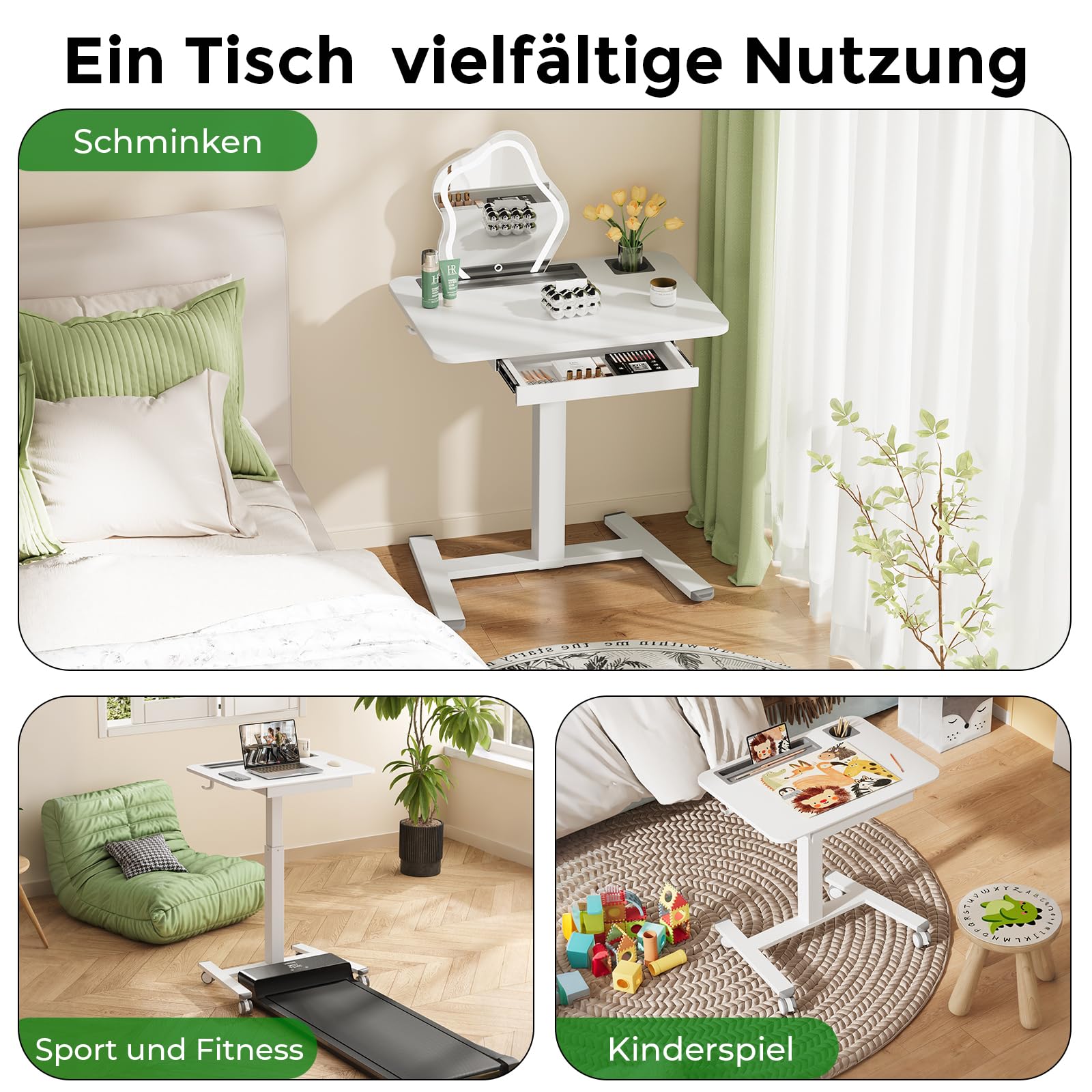 Gibbon Mounts 70x50cm höhenverstellbarer Schreibtisch mit Schublade, Rollen | Weiß Mobiler Laptoptisch mit Handyfach, Halter & Haken, 3cm flacher Sockel für enge Lücken, 4 bremsbare Räder als Ersatz inkl