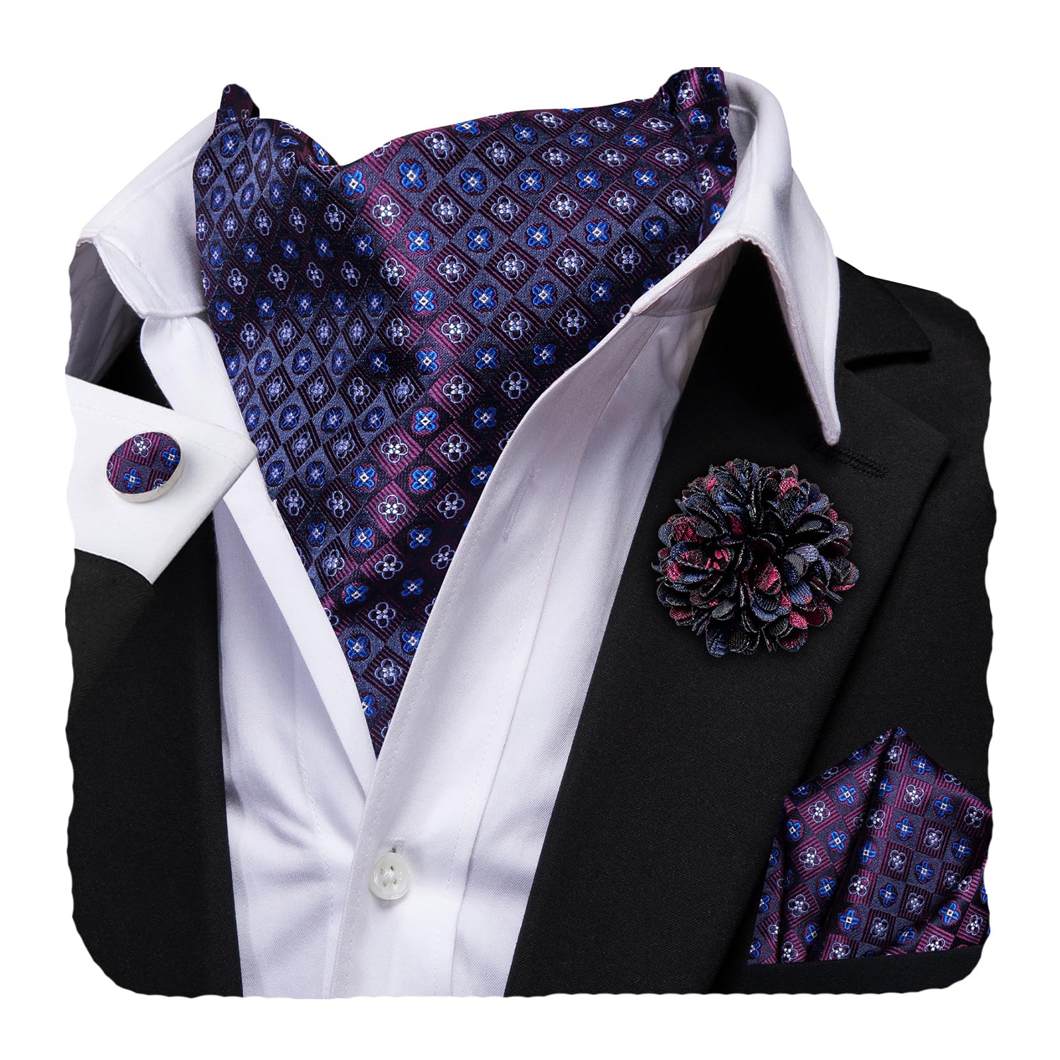 Hi-Tie Silk Ascot for Men Self Tie Men's Cravat and Flower Lapel Pin Handkerchief Cufflinks Set for Wedding Party
