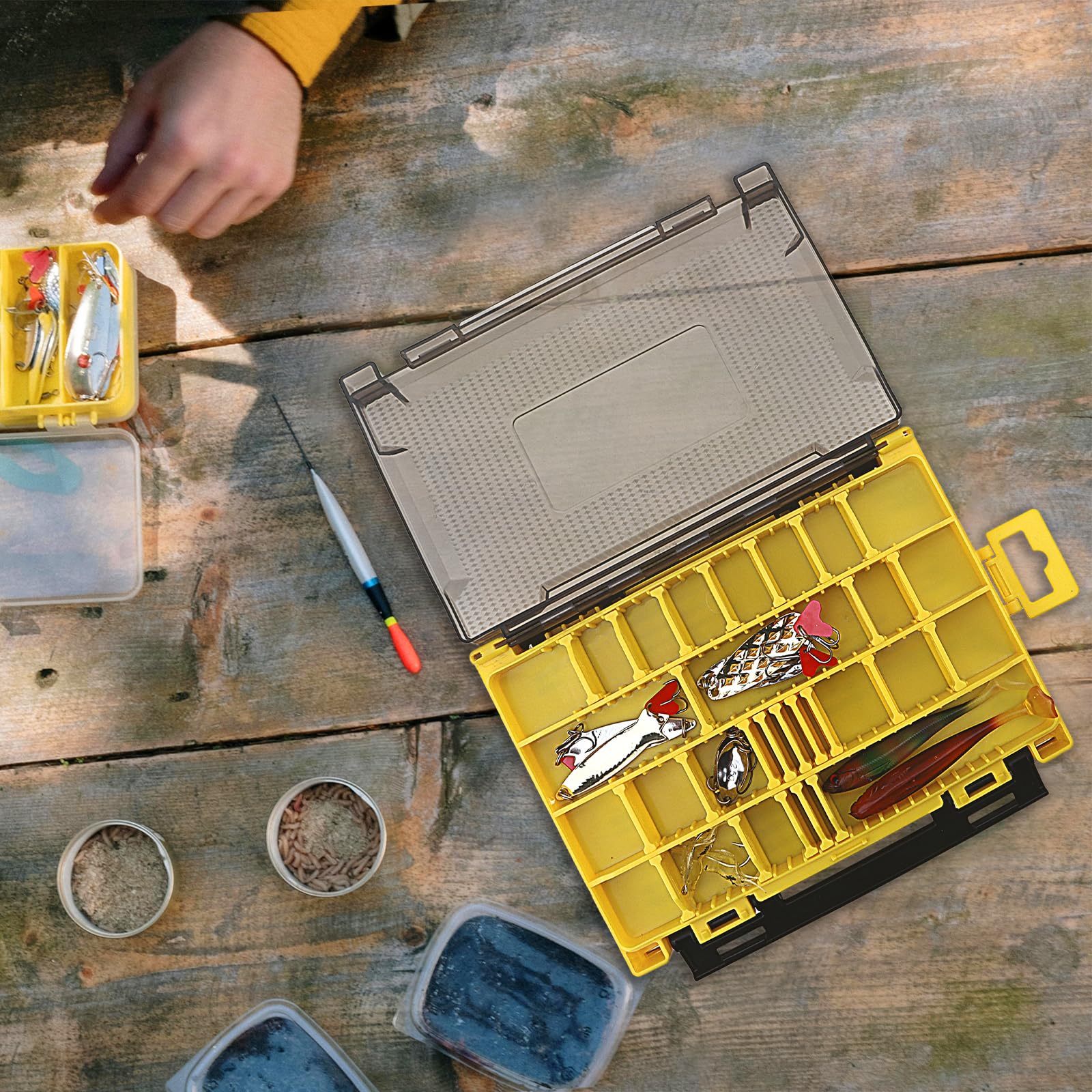 Caja organizadora doble cara para accesorios de pesca, 20,5 x 14,5 x 4,5 cm, con compartimentos y ranuras de esponja, translúcida y resistente al agua