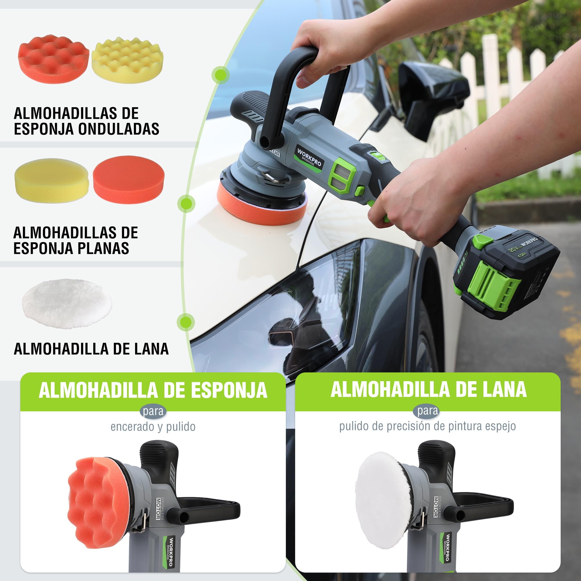 WORKPRO 20V Pulidora Coche Sin Escobillas, Pilidora Orbital Inalámbrica de Acción Doble, 7 Velocidades (2000-5000RPM), Mango D Desmontable, con Bolsa, para Pulido de Coche, Suelo, Baldosa, Mueble