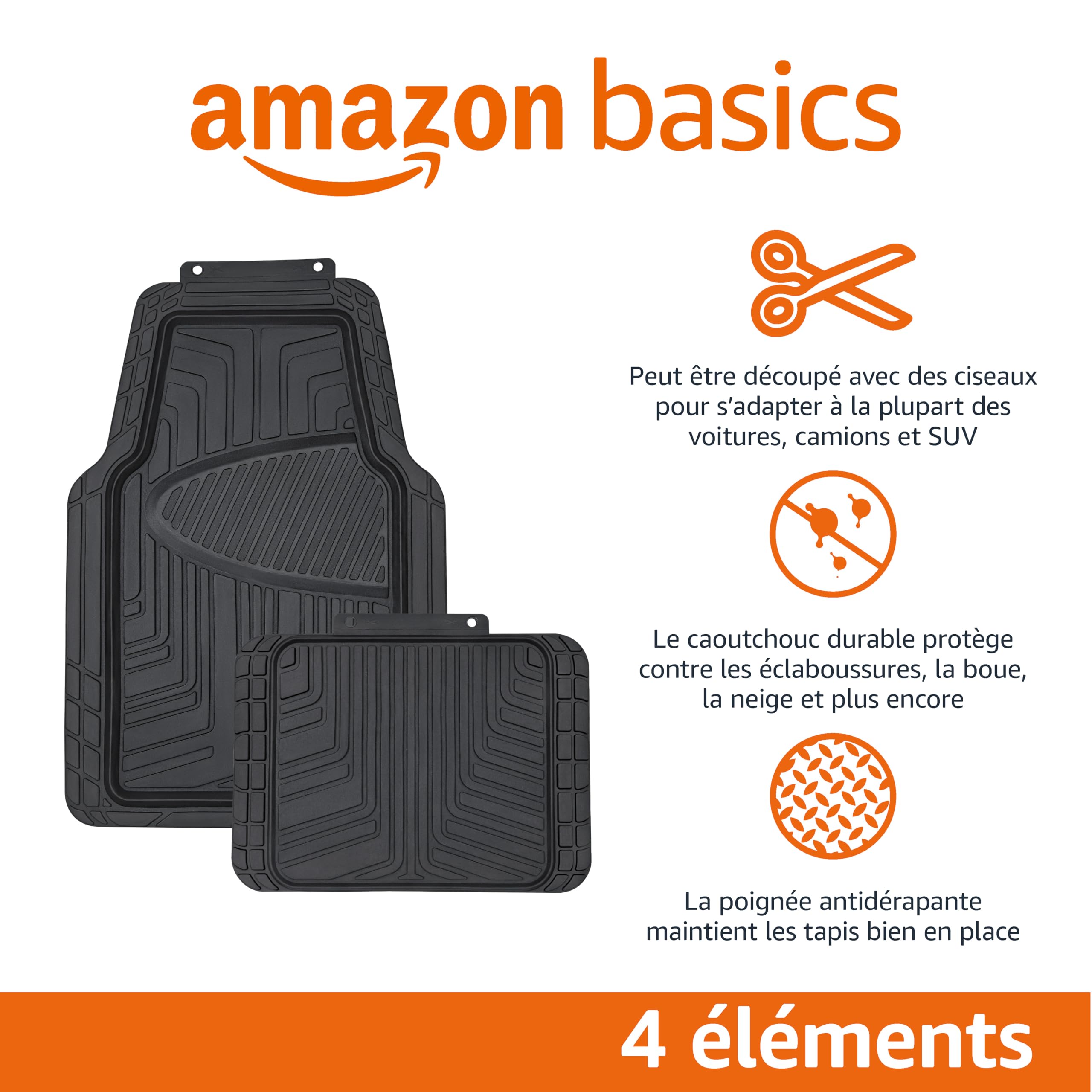 Amazon Basics Lot de 4 tapis de sol en caoutchouc pour voitures, SUV et camionnettes Toutes saisons Noir