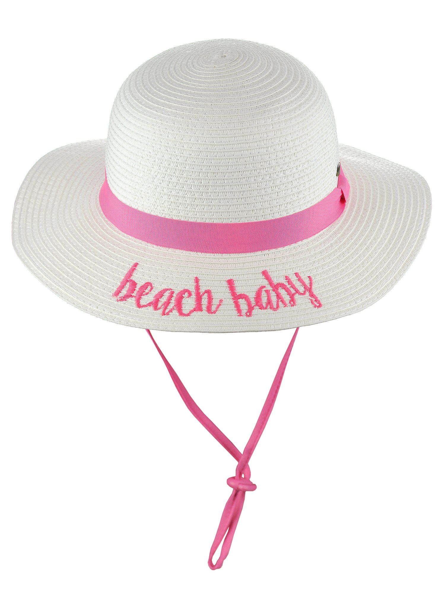 C.C Children's Weaved Crushable Beach Embroidered Quote Flop Brim Sun Hat, Beach Baby in White