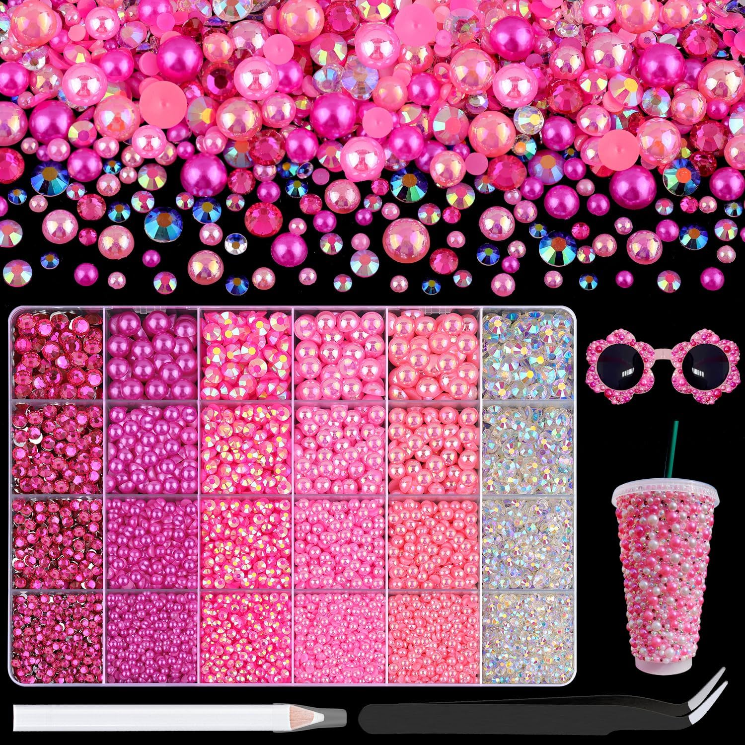 14000Pcs Flatback Pearls and Hot Pink Rhinestones for Bedazzling Kit