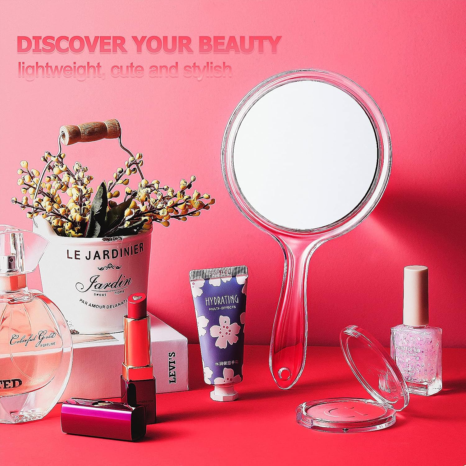 Jetec Hand Mirror Double-Sided Handheld Mirror 1X/ 2X Magnifying Mirror with Handle Transparent Hand Mirror Rounded Shape Makeup Mirror (Clear)