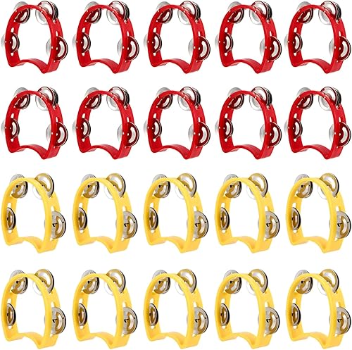 MUKLEI Paquete de 20 mini panderetas de mano de 4 pulgadas, pandereta musical de media luna para centro de música, centro de música para niños