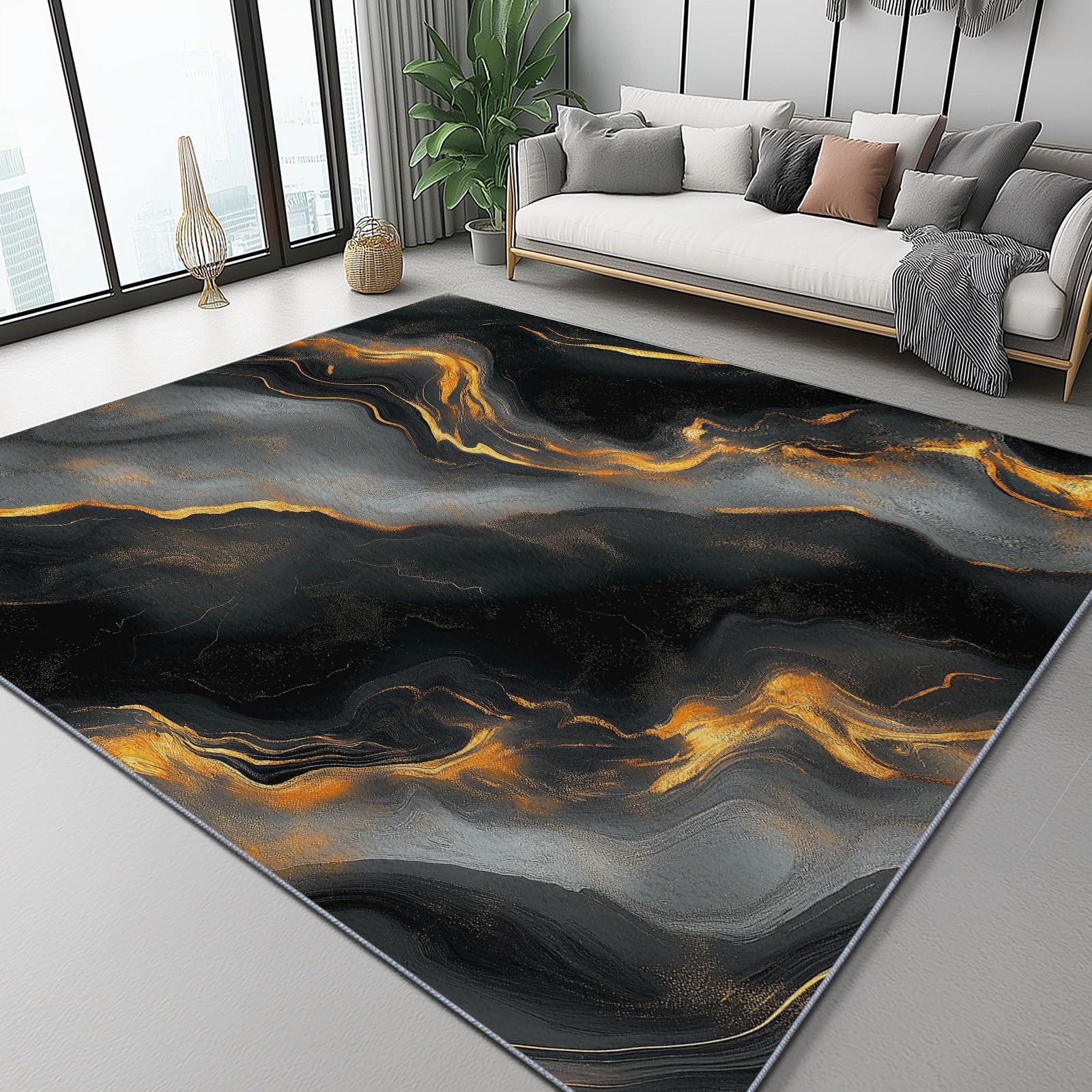 Tapis de salon marbre noir et or 120 x 170 cm abstrait lavable