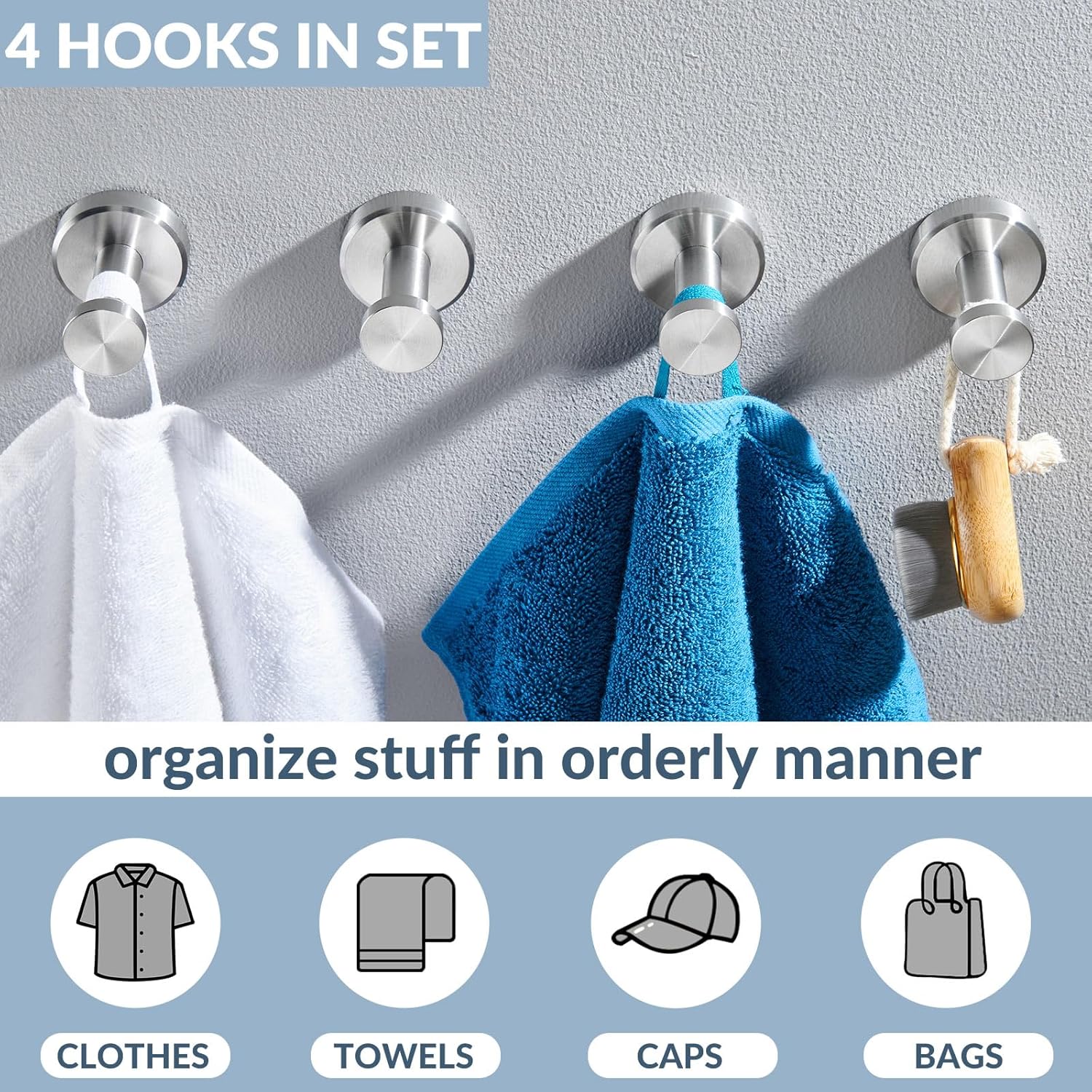 APLusee Brushed Nickel Hand Towel Hook, 4 Pack 304 Stainless Steel Storage Coat Hook, Bathroom Accessories Wall Mounted