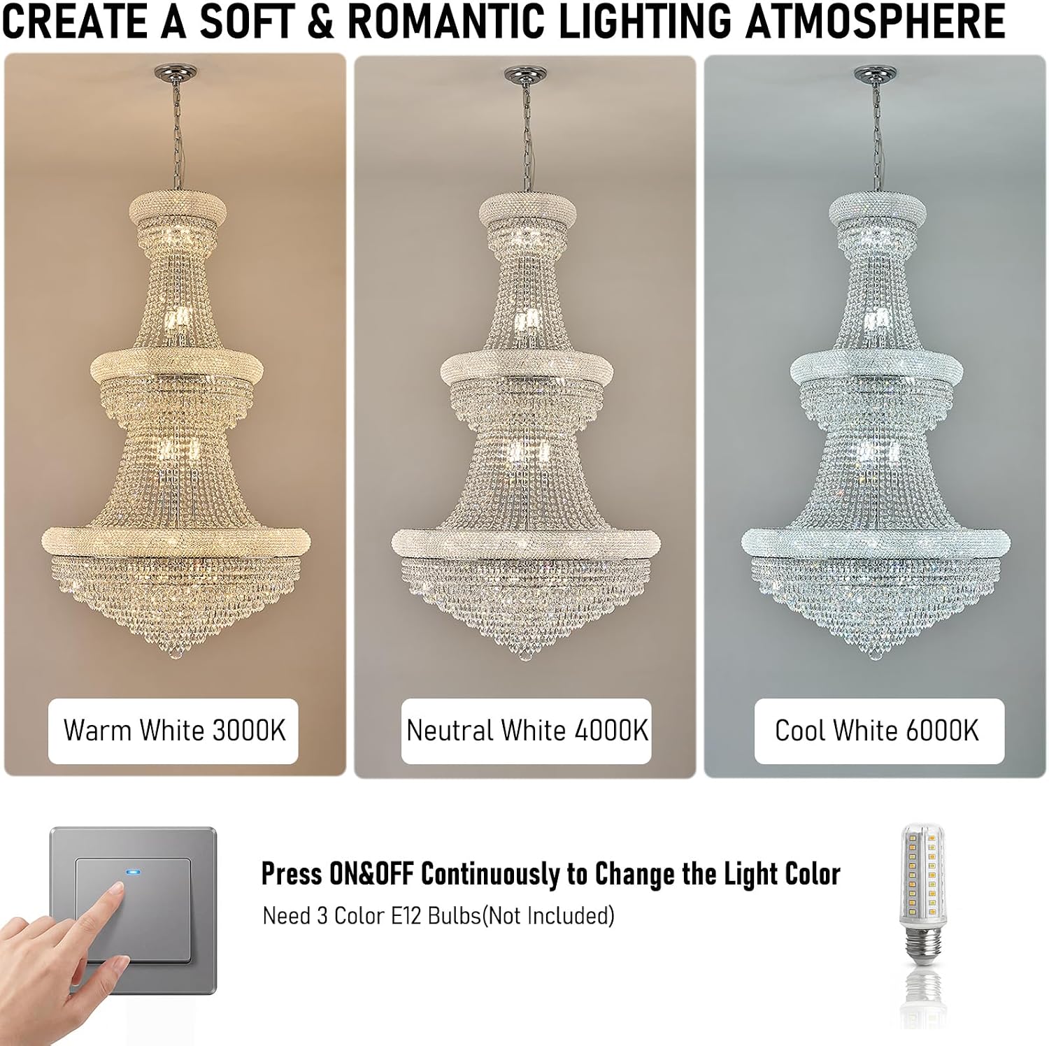 31 Lights Large Empire Crystal Chandelier Light fixtures for High Ceiling Living Room Foyer Entryway Staircase Chrome Finish 32 inch