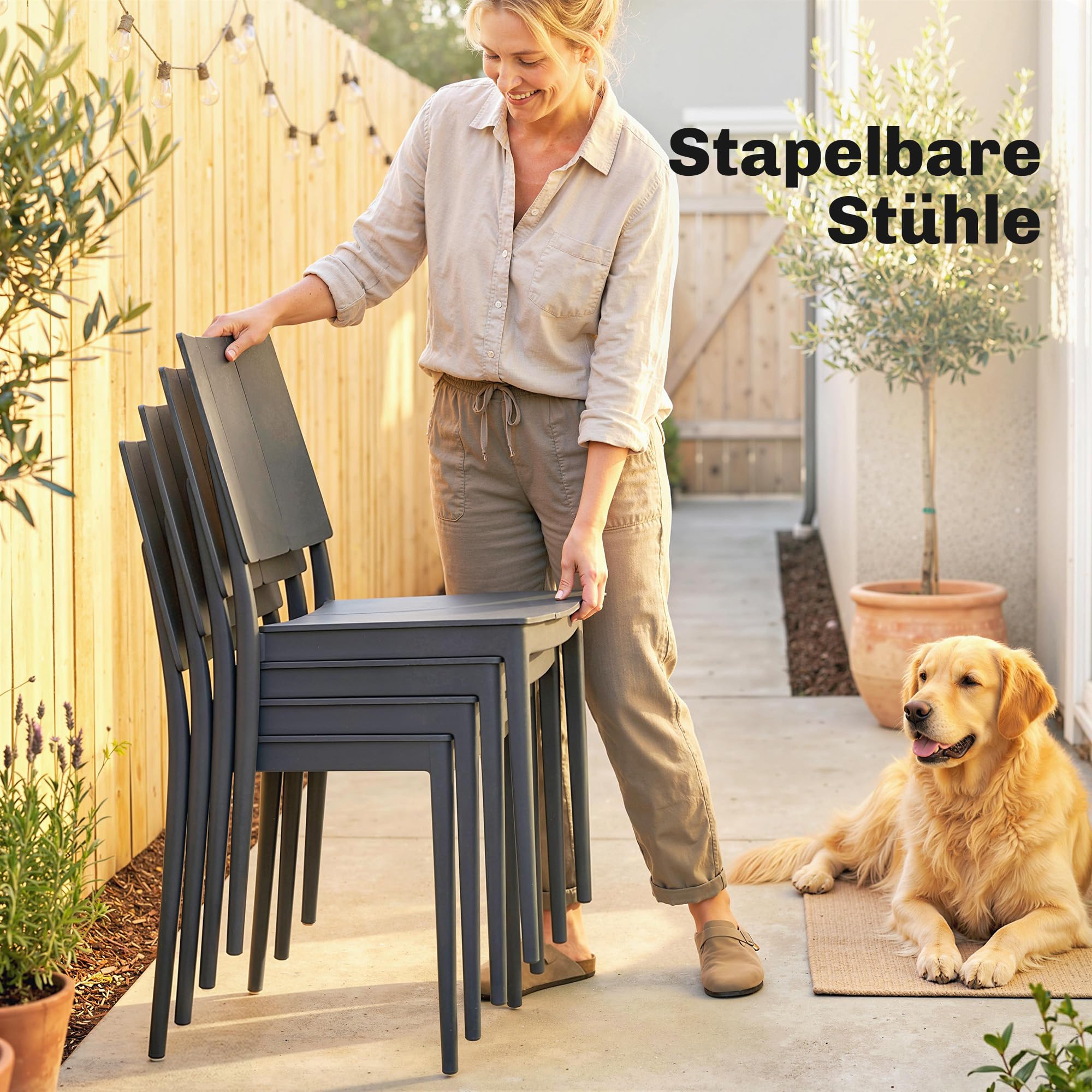 Outsunny Gartenmöbel Set Sitzgruppe 5-teilig Breiter Tisch mit 4 Stapelstühlen Lamelldesign, wetterfest Essgruppe für 4 Personen Gartenset Gartengarnitur für Garten Balkon Terrasse Dunkelgrau