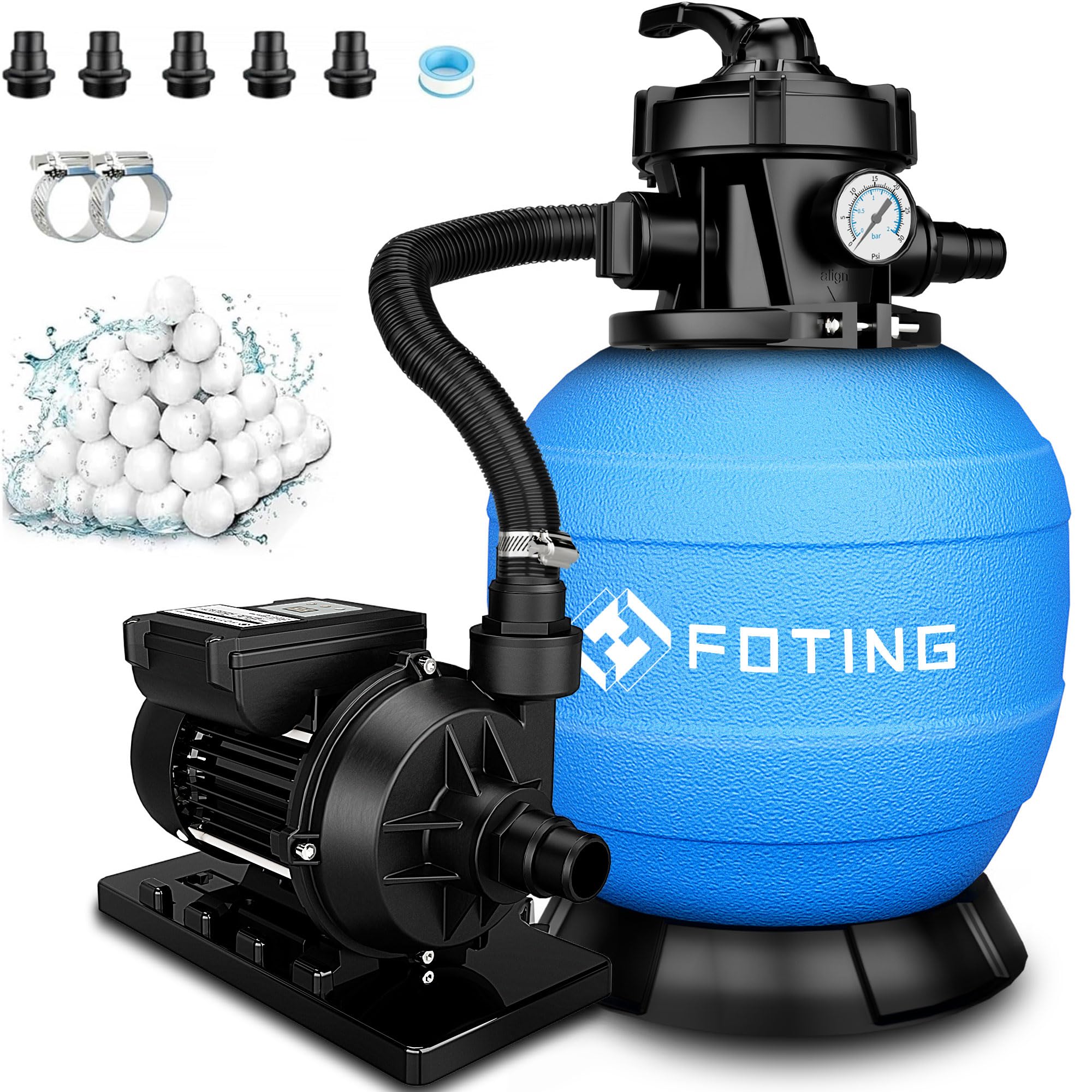 FOTING Sandfilteranlage Pool 11.500 L/h mit 24-Stunden Timer | Filteranlage 7-Wege-Ventil mit Druckanzeige & 2in1 Adapter Ø32mm-38mm | 400W Poolfilteranlage inkl. 200g Filterbälle
