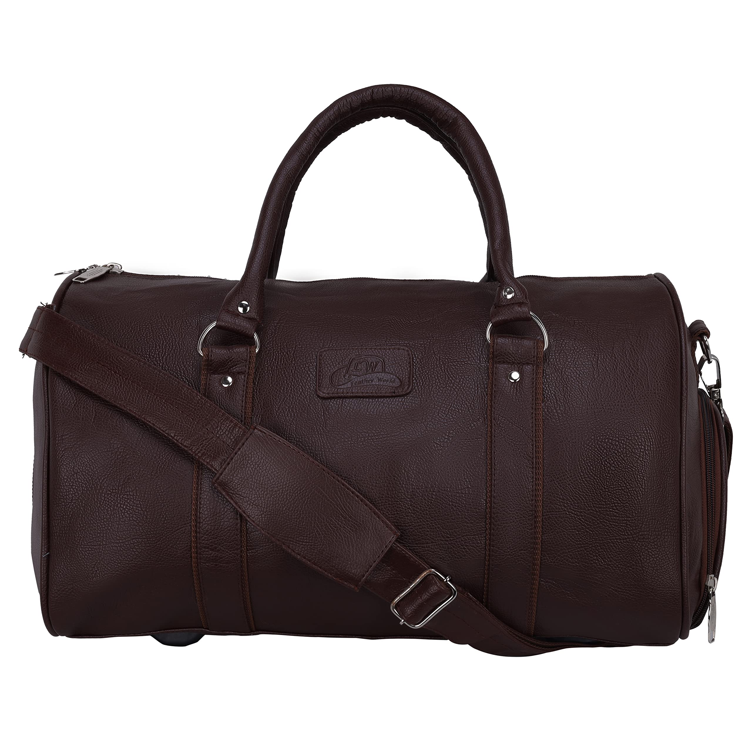 Duffle Bag for Travel with Shoe Pocket for Men and Women Made of Textured Leatherette with Detachable Shoulder Strap Cabin Bag (Brown)-image-23