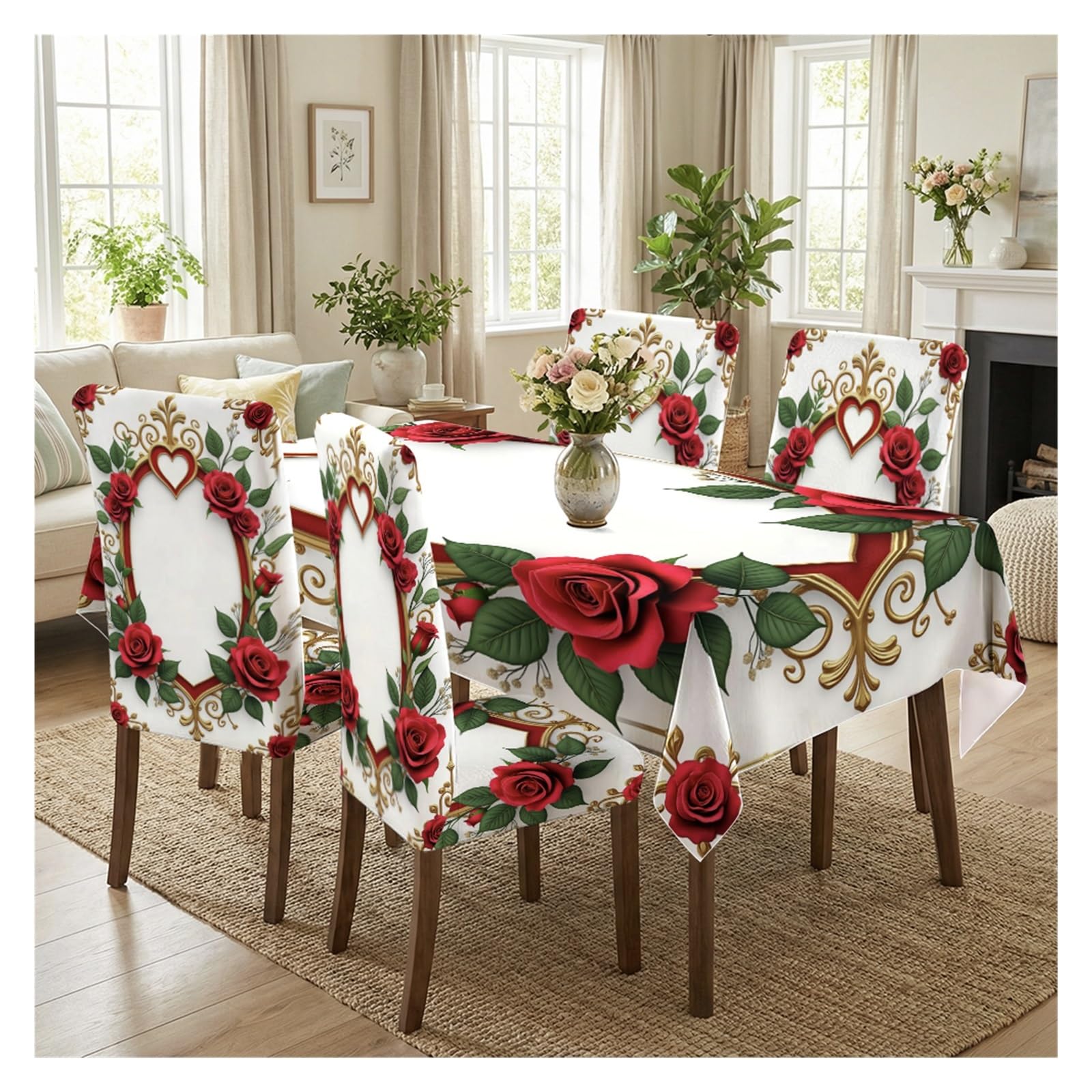 KXUAUV Romantic Red Rose And Heart Print Tablecloth And Chair Covers Set, Stretch Slipcovers For Valentine's Day Dining Room Decor, 5/7 Pack Party Decor(5pcs Set: Tablecloth+Chair Covers)