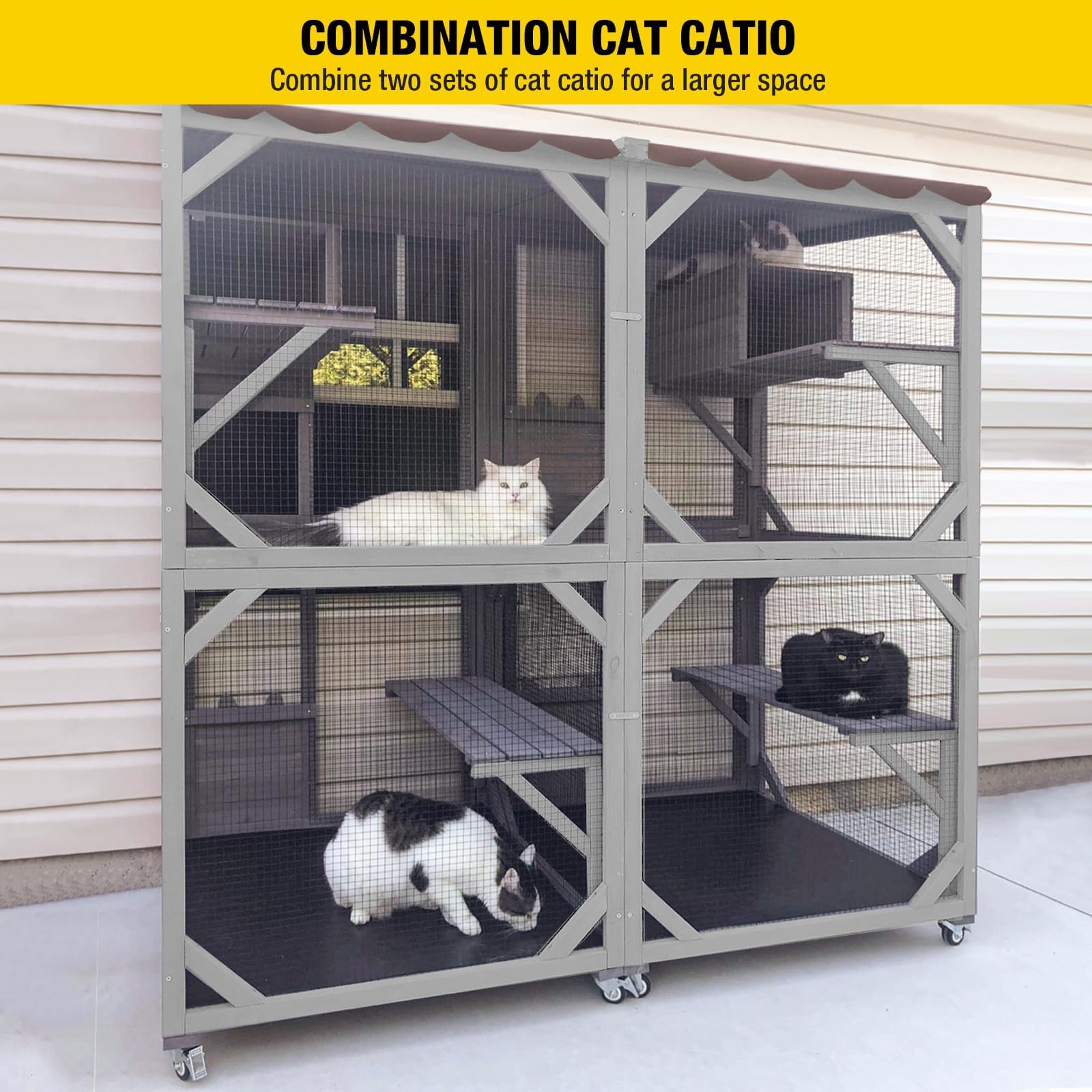 X-ZONE Cat Catio Niche d'extérieur mobile pour chat sur roues avec boîte de repos, housse imperméable gris moyen 62x59,5x159,5 cm