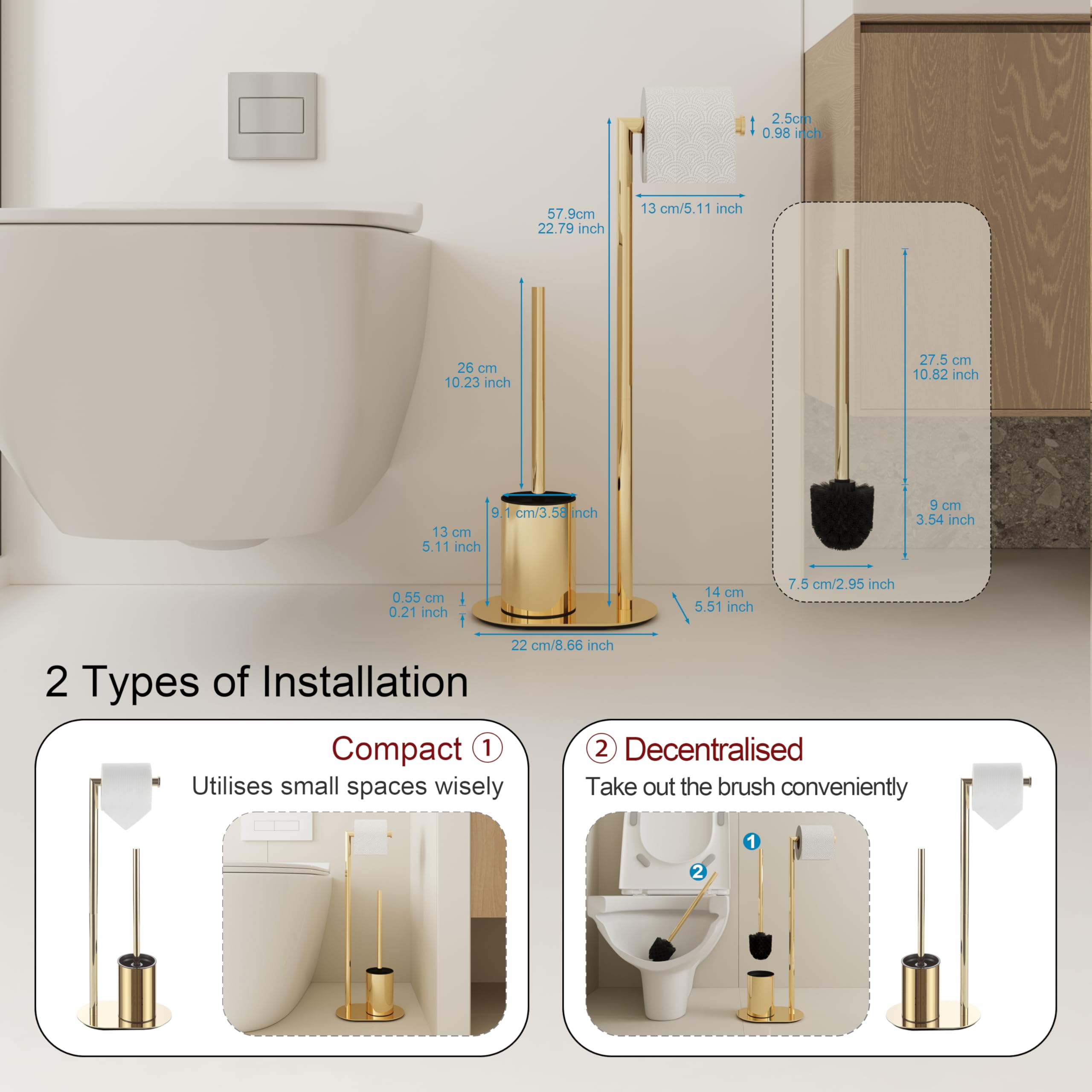BVL Toiletset, geboortegoud, roestvrijstalen toiletset met toiletrolhouder, toiletborstel toiletborstel toiletpapierhouder staand