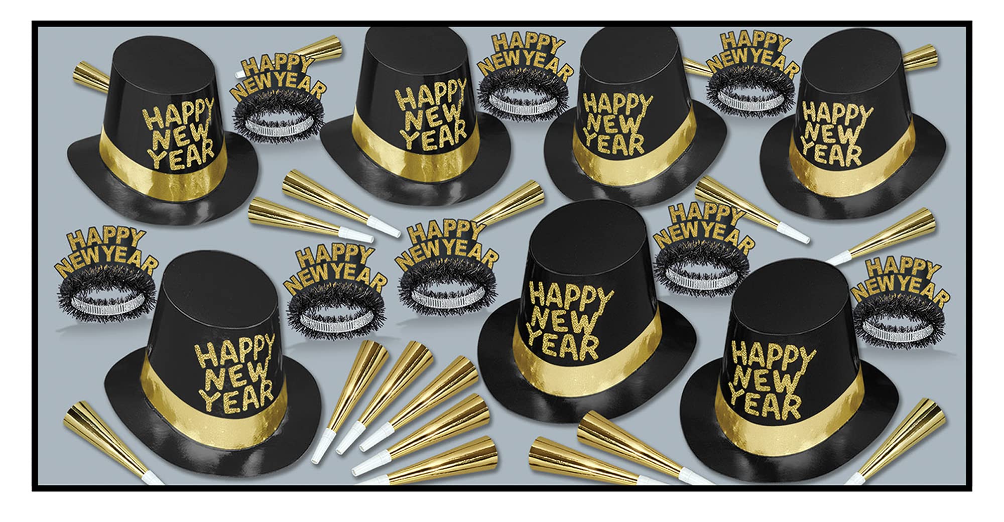 Beistle 88258-50 Manhattan Sortiment für 50 Personen Silvester Party Supplies Photo Booth Requisiten - Hüte, Tiaras, Noisemakers, Papier, schwarz/Gold