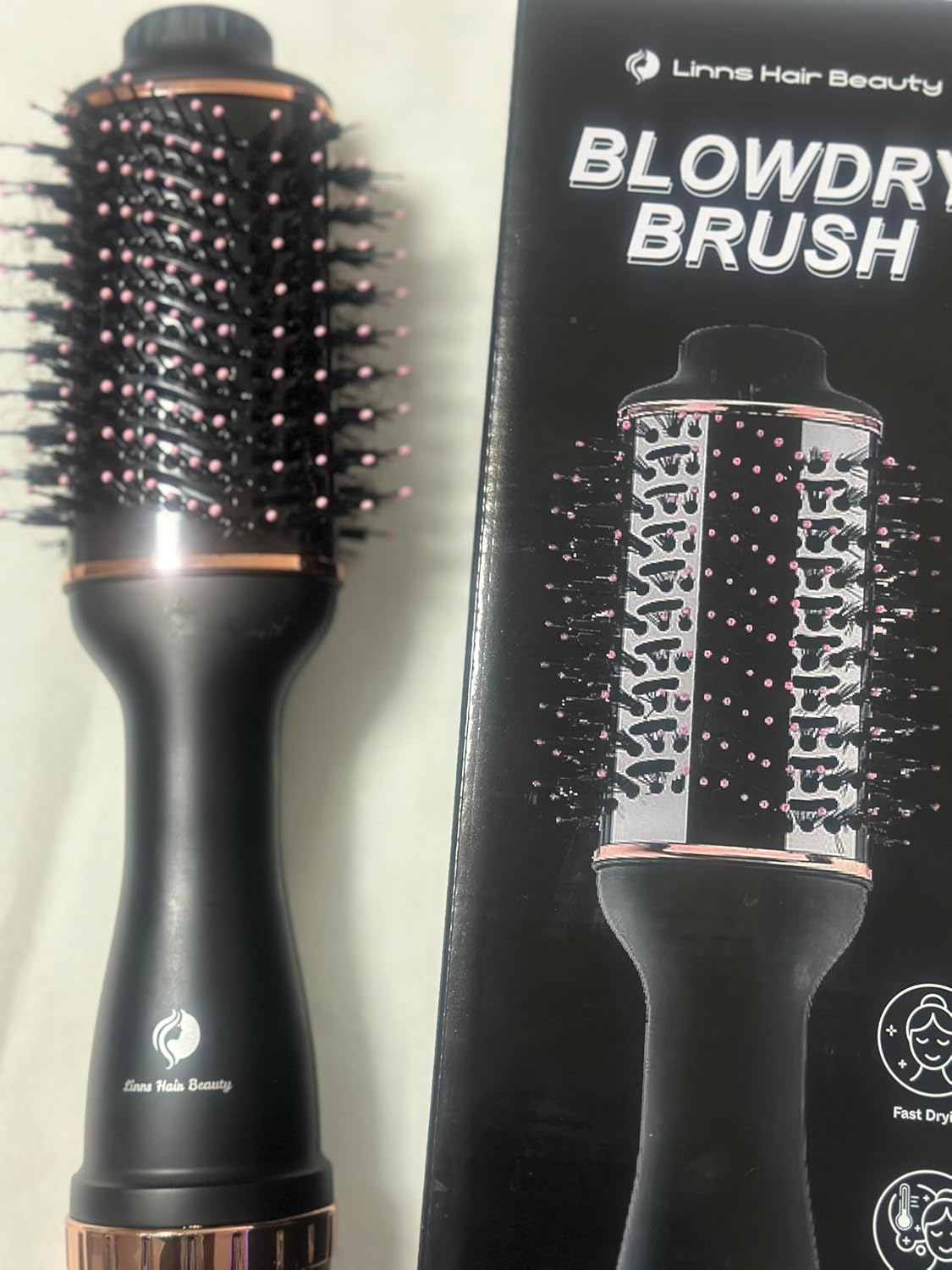 LHB 500 Professional Hot Air Brush, Round Styling Brush Hair Dryer, 2-in-1 Blowout Brush with Rose Gold Accents, Black