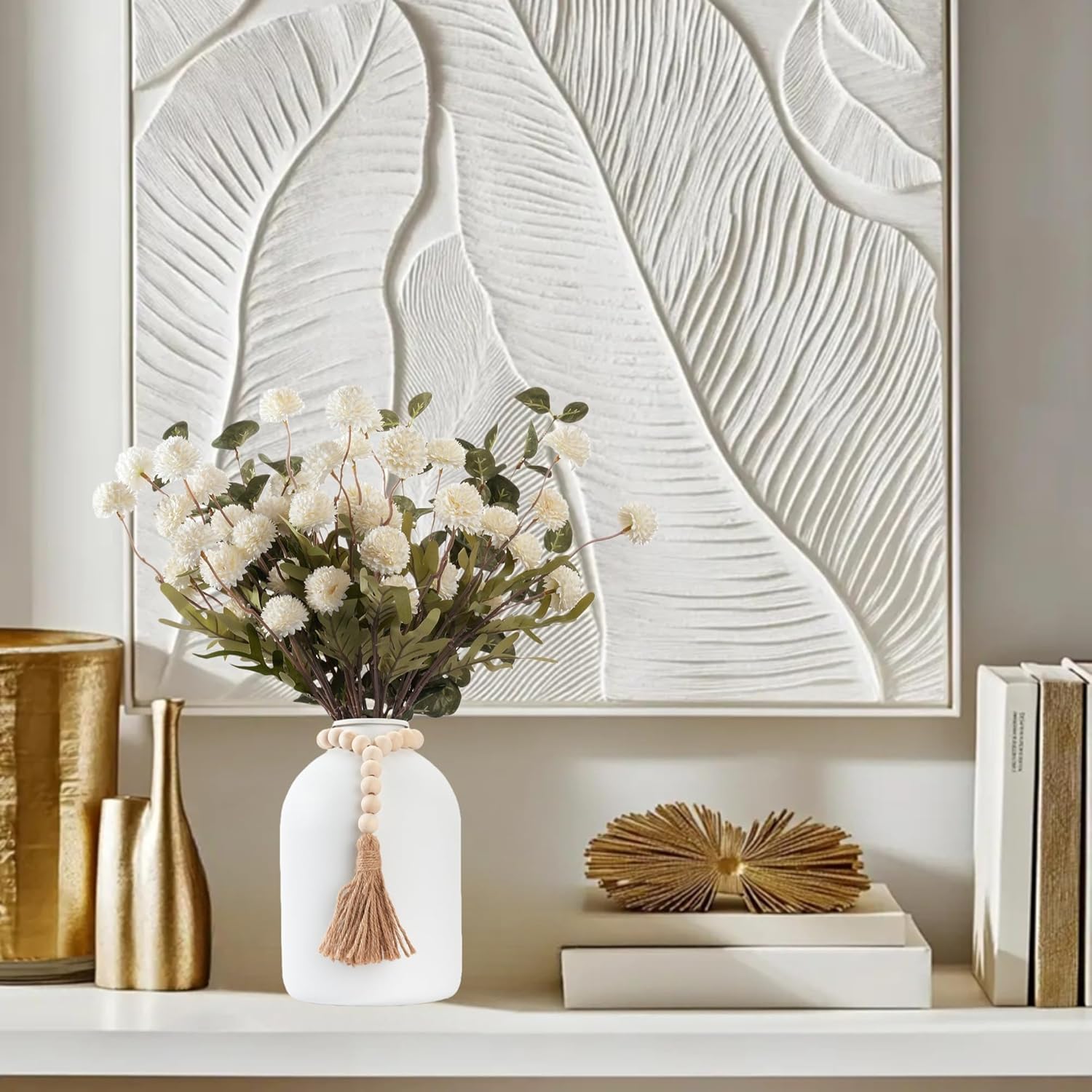 20''H Fake Flowers in Large Vase for Centerpiece Table Decorations with 10Pcs Fake Mums Flowers Eucalyptus Stems Faux Pompon Kiku Flowers Arrangement for Home Decor (White/White Vase) - Image 2