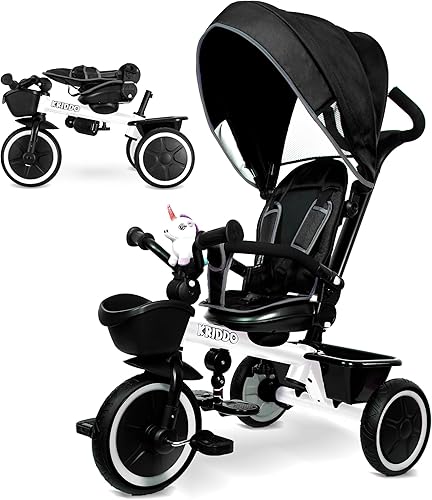 KRIDDO Carrito de triciclo 7 en 1 para niños pequeños de 18 meses a 5 años, mango de empuje ajustable, asiento giratorio, portavasos y toldo