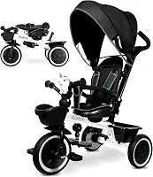 KRIDDO Carrinho De Triciclo 7 Em 1 Para Crianças De 18 Meses A 5 Anos, Alça Ajustável, Assento Giratório, Porta-Copos E Capota Retrátil, Triciclo Dobrável Para Bebê Com Guarda-Corpo Removível, Apoio P