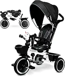 KRIDDO Carrinho De Triciclo 7 Em 1 Para Crianças De 18 Meses A 5 Anos, Alça Ajustável, Assento Giratório, Porta-Copos E Capota Retrátil, Triciclo Dobrável Para Bebê Com Guarda-Corpo Removível, Apoio P