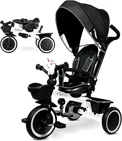 KRIDDO Carrinho De Triciclo 7 Em 1 Para Crianças De 18 Meses A 5 Anos, Alça Ajustável, Assento Giratório, Porta-Copos E Capota Retrátil, Triciclo Dobrável Para Bebê Com Guarda-Corpo Removível, Apoio P