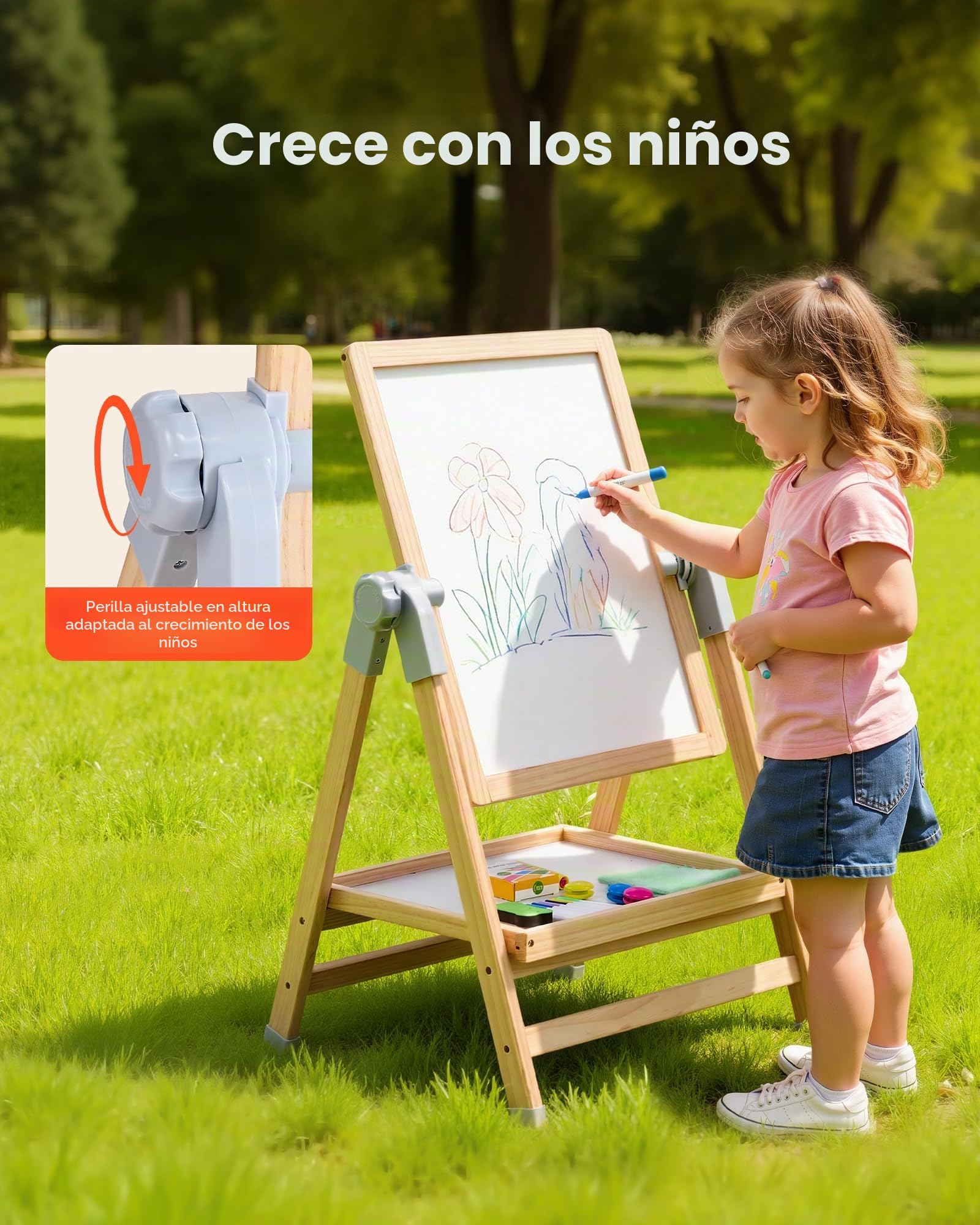 VEVOR 2 en 1 Caballete para Niños, Caballete de Madera de Doble Cara con Pizarra Magnética y Pizarrón, Tablero de Dibujo Plegable Giratorio de Pie Ajustable con Accesorios de Pntura para Niños