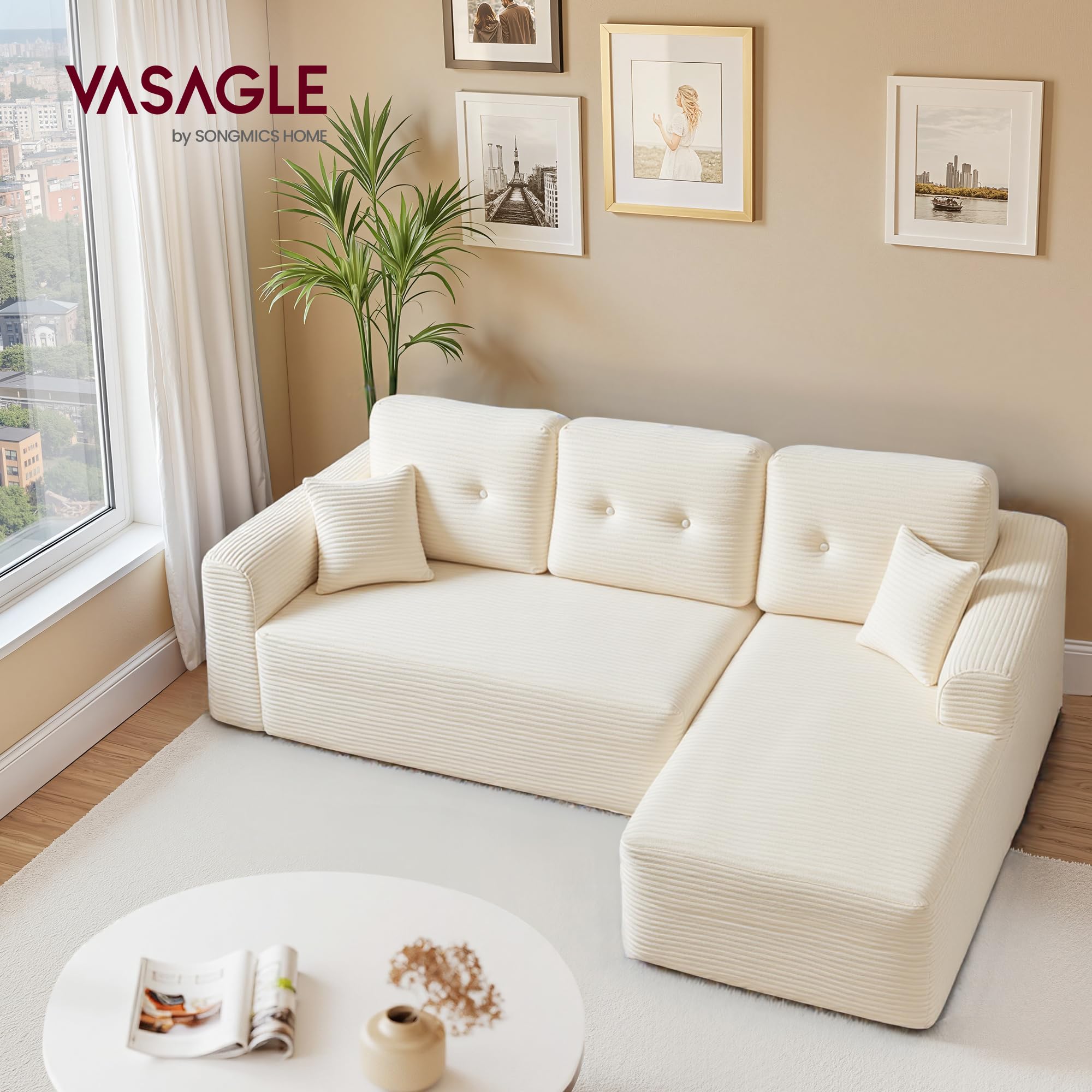 VASAGLE Canapé d’Angle, Canapé Modulable 244 cm, Livré Compressé en Colis, sans Montage, avec Grande Méridienne à Droite, pour Salon, Chambre d’Amis, Blanc Crème LCS184WD01