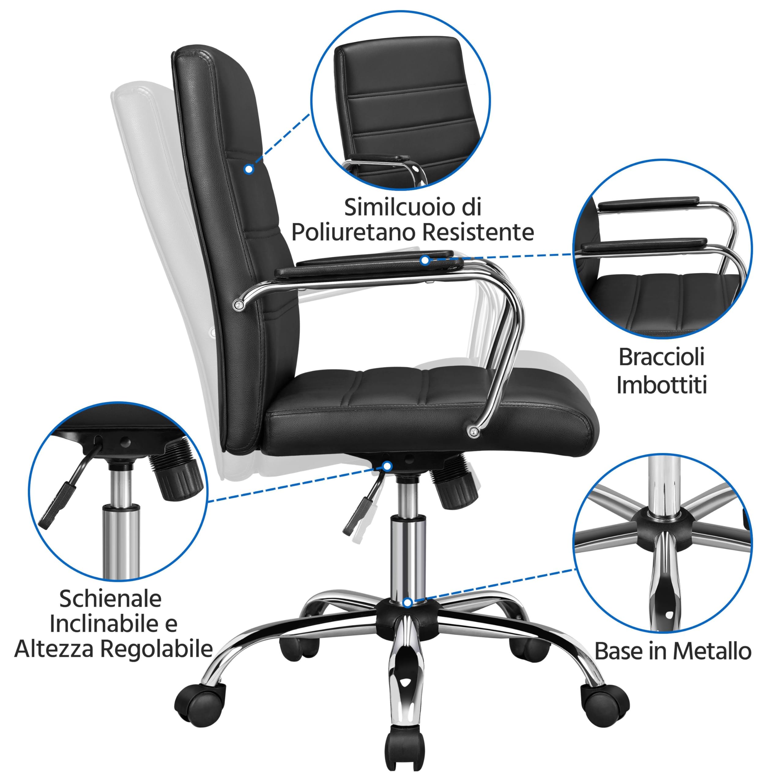 Yaheetech Sedia/Poltroncina Ufficio Scrivania Ergonomica Ecopelle Altezza Regolabile Girevole a Rotelle Reclinabile per Computer Imbottita con Braccioli Portata 130 kg Nera