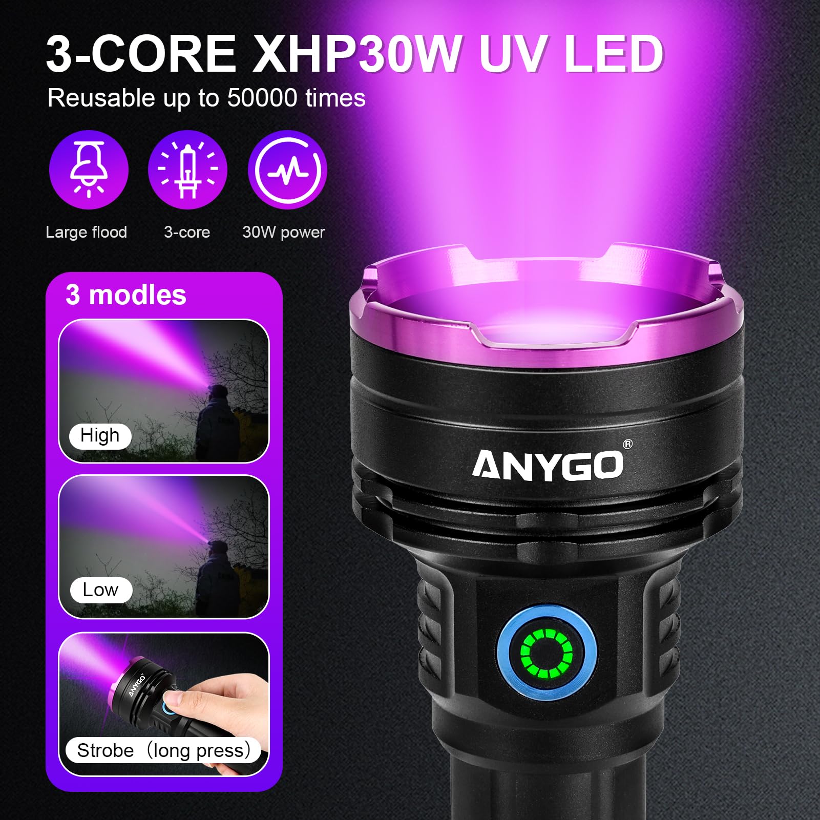 Linterna UV de alta potencia de 365 nM, linterna de luz negra de 30 W, linterna LED ultravioleta brillante UV para exteriores, hogar e inspección, detección de orina de mascotas, mineral y jade