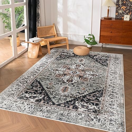 Miniatura 1 de YIHOUSE Alfombras lavables de 5 x 7 pies, para sala de estar, alfombras vintage con diseño floral envejecido, alfombras orientales de interior de