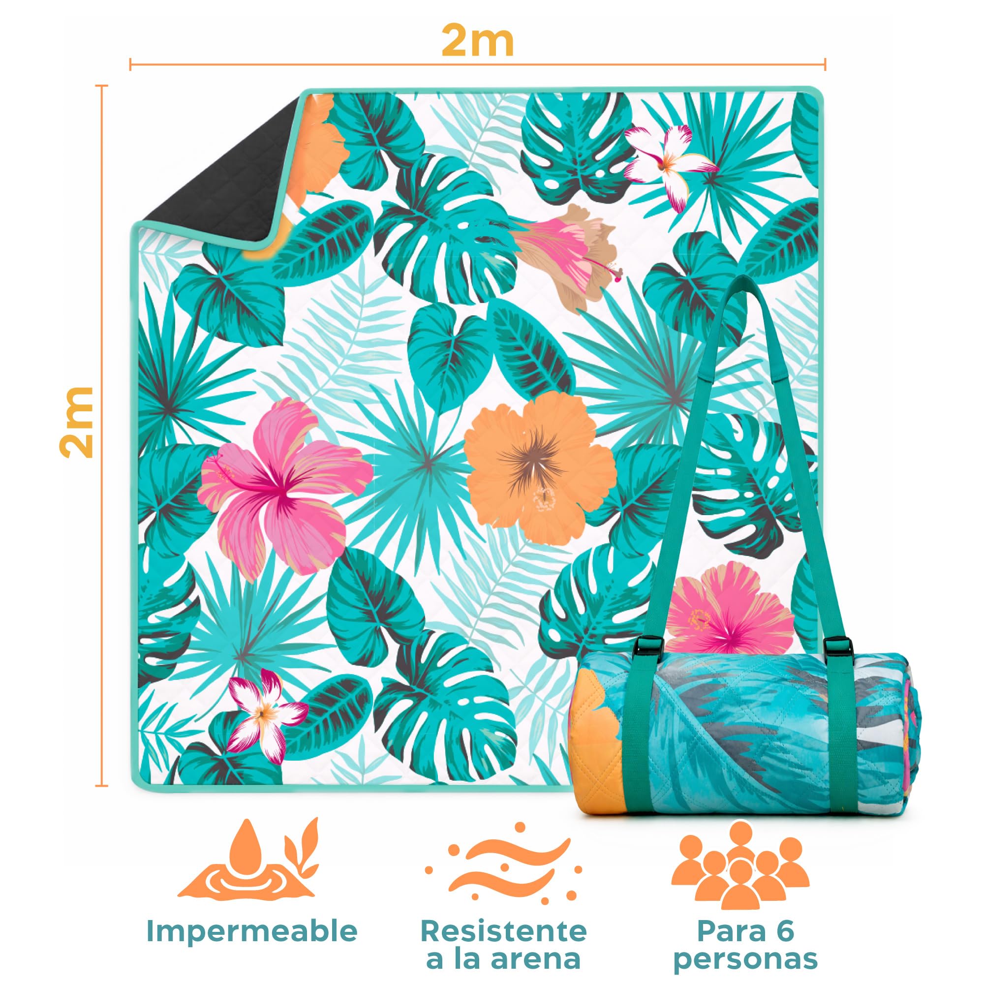 Twinzee Manta Picnic Impermeable y Lavable - Manta Impermeable 200x200 cm Portátil para Playa, Barbacoa, Pícnic - Toalla Playa Grande Antiarena - Floral