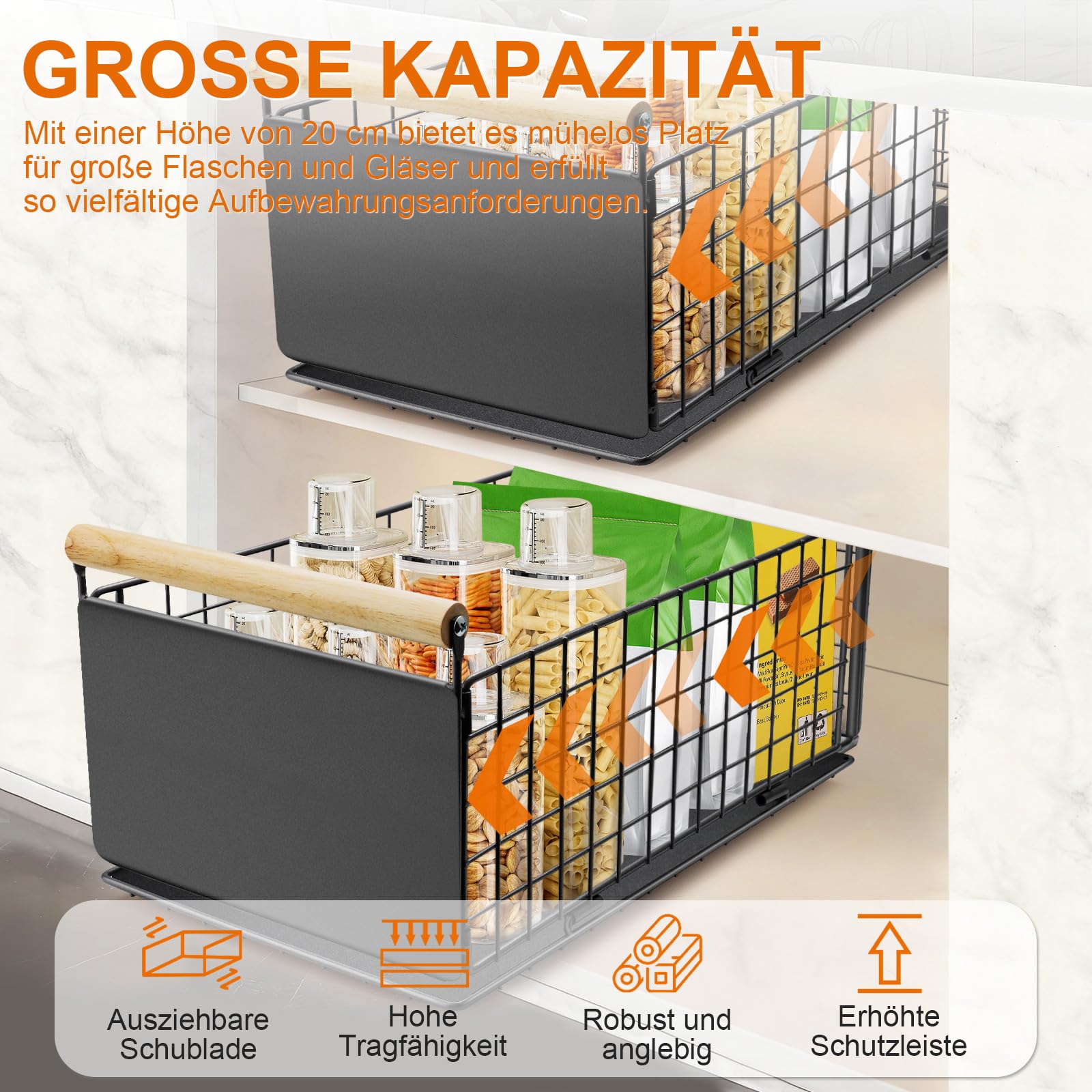 2 Artikel Ausziehbare Schublade Küche, Hochwertiger Karbonstahl Ausziehbarer Schrank Organizer, Ultraleise Teleskopschublade, 40cm x 23cm x 20cmGeeignet für Küche, Bad, Speisekammer