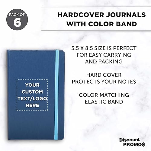 Miniatura 9 de DISCOUNT PROMOS Juego de 6 cuadernos de tapa dura personalizados con banda elástica de colores, paquete personalizado a granel, perfecto para la