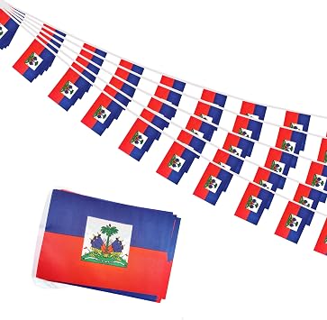 Haiti Small String Flags, 50 Feet 38 Pcs Haitian Pennant Banner Bunting Flags, Patriotic Events, Independence Day, Country Festival, Commemoration, Decorations Haiti