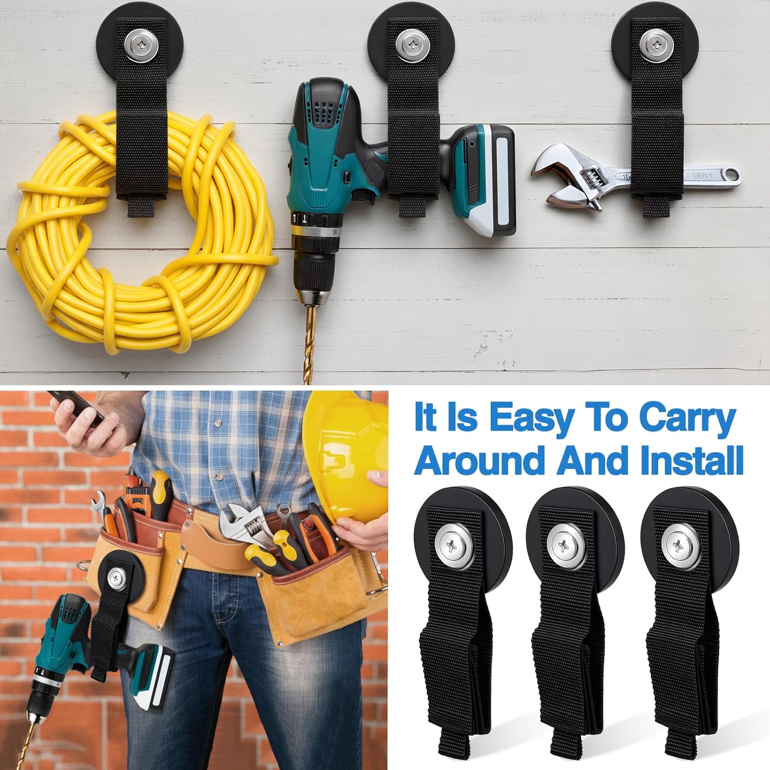 Vicenpal 6 Pcs Heavy Duty Magnetic Hook, Magnetic Tool Holder &Garage Hooks, Extension Strap for Cable, Rope, Wire Storage in Garage, Workshop, Rv, Pickup (2.6inch)