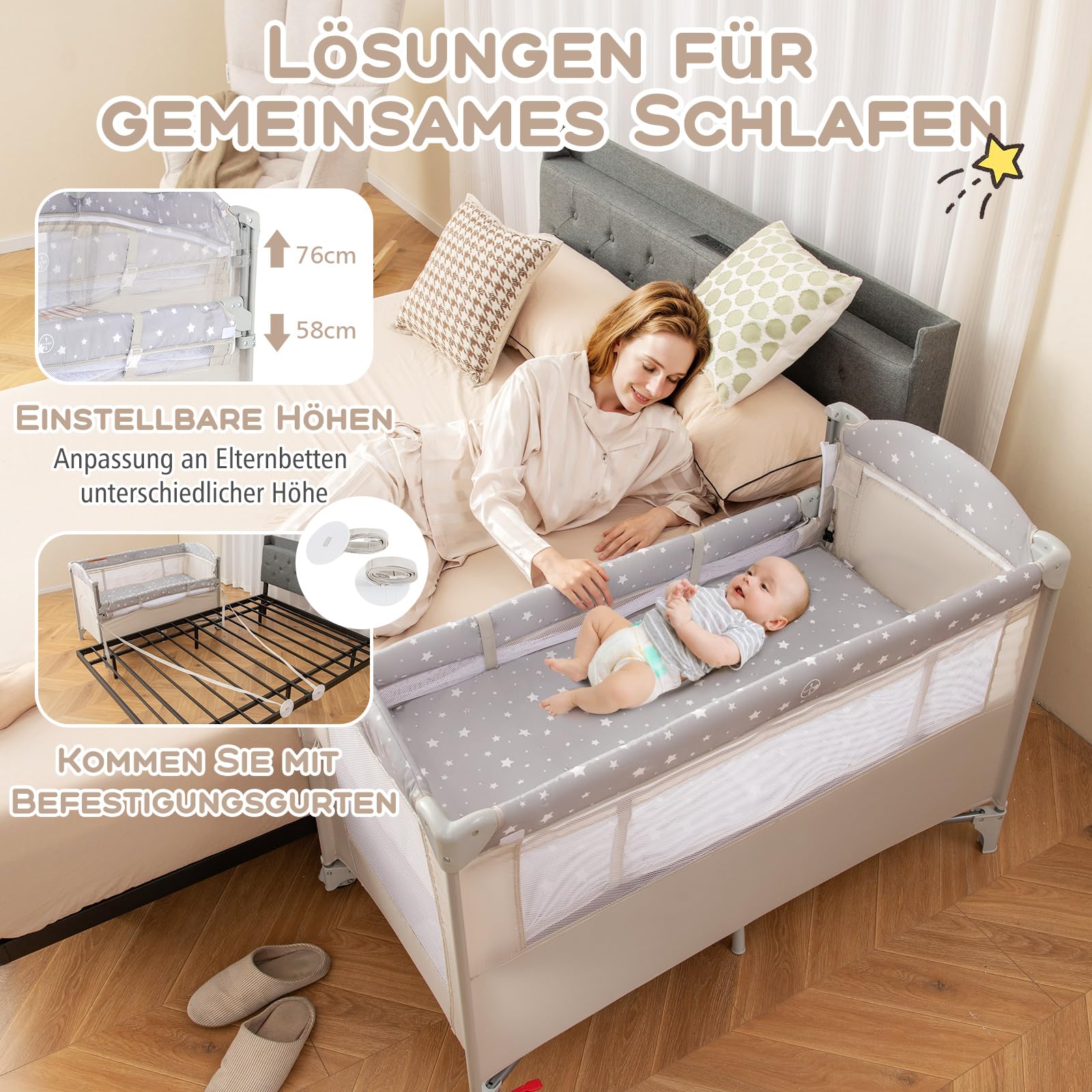 GOPLUS 5 in 1 Baby Beistellbett, Reisebett mit Wickelablage, Laufstall, Spieluhr, Spielzeug & Aufbewahrungskörben, Babybett klappbar mit Tragetasche für Baby bis 3 Jahren (Beige)