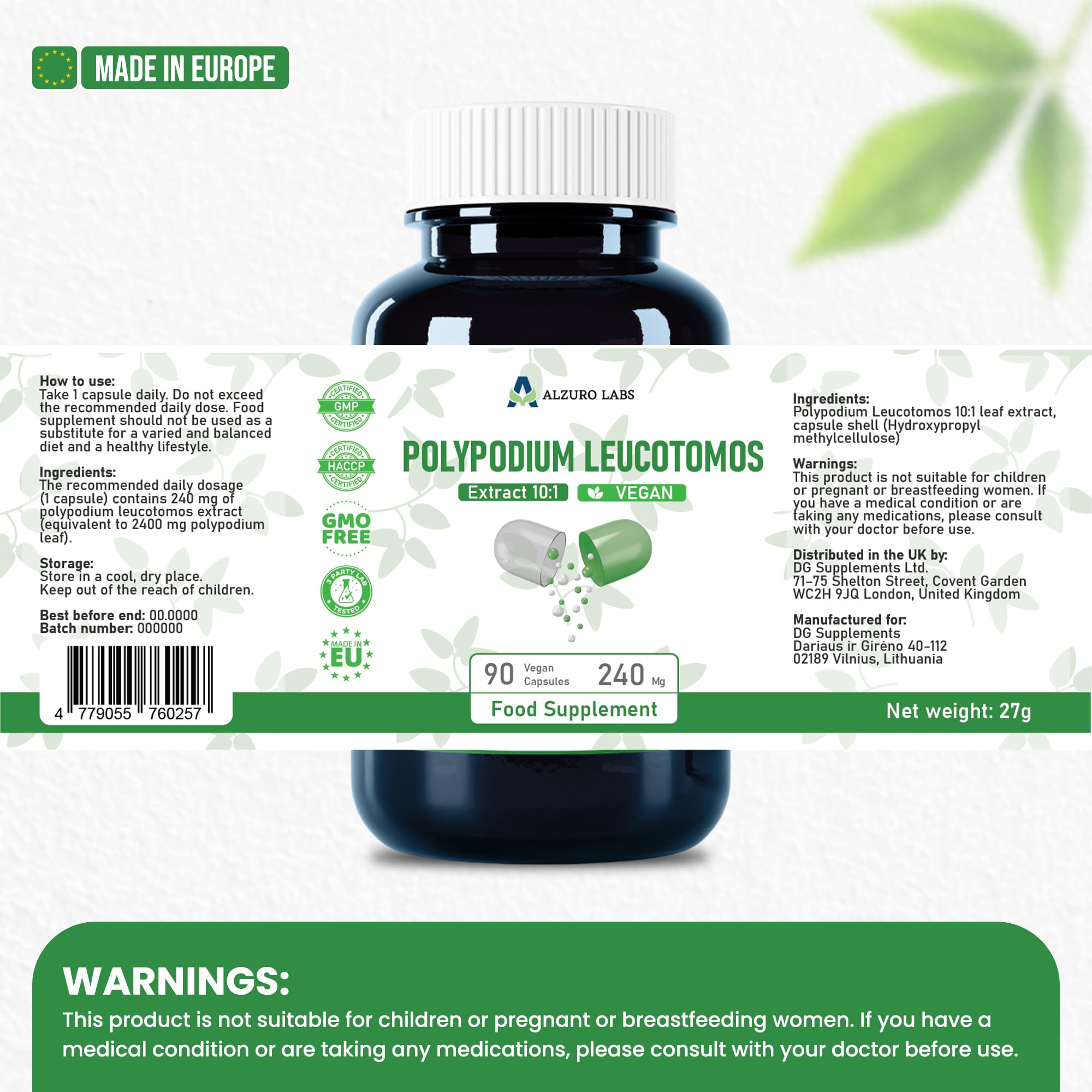 Polypodium leucotomos | 2 400 mg équivalent | Haute dose 240 mg d'extrait de fougère 10:1 | 90 gélules végétaliennes | GMP & Testé en Laboratoire Indépendant
