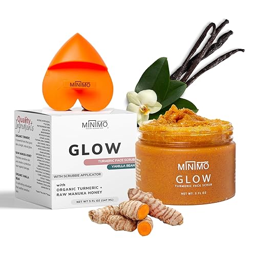Minimo Skin Essentials Exfoliante facial de cúrcuma Glow (Vanilla Bean) con aplicador de corazón Scrubbie para una piel radiante y clara - 5 onzas