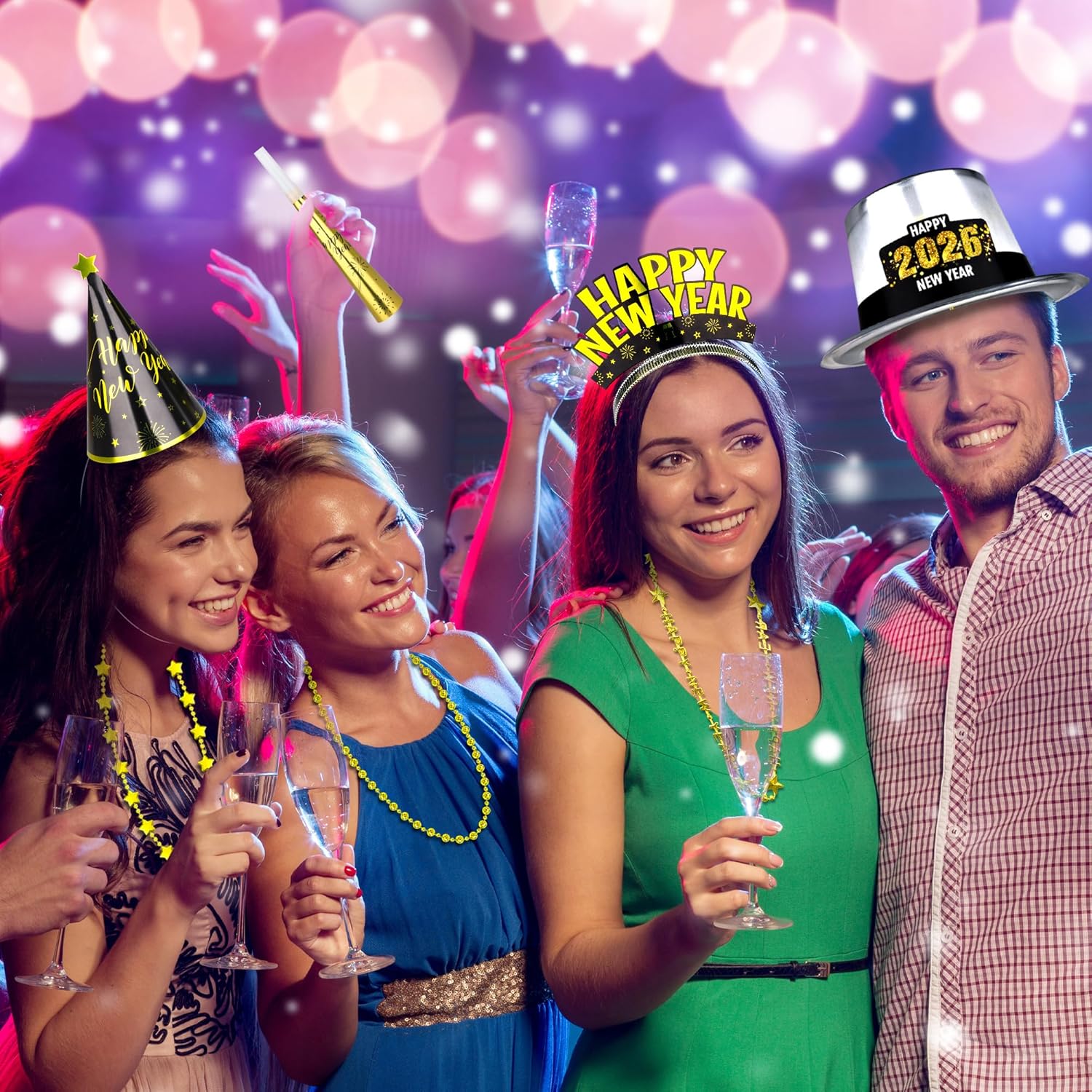 100PCS New Year's Party Supplies for 50 People - Headbands, Plastic Cardboard, 2026 Shiny Cone Hats, Horns, Fringed Blowouts - Gold, Silver, Black - Image 9