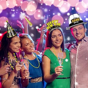Traplace 30PCS NYE Party Supplies, New Years Eve Party Favors 12 Guests, Plastic New Years Party Hats, 2026 NYE Headband Gold Silver Black Foil Blowouts Star Cone Hat Horns Necklace Gathering