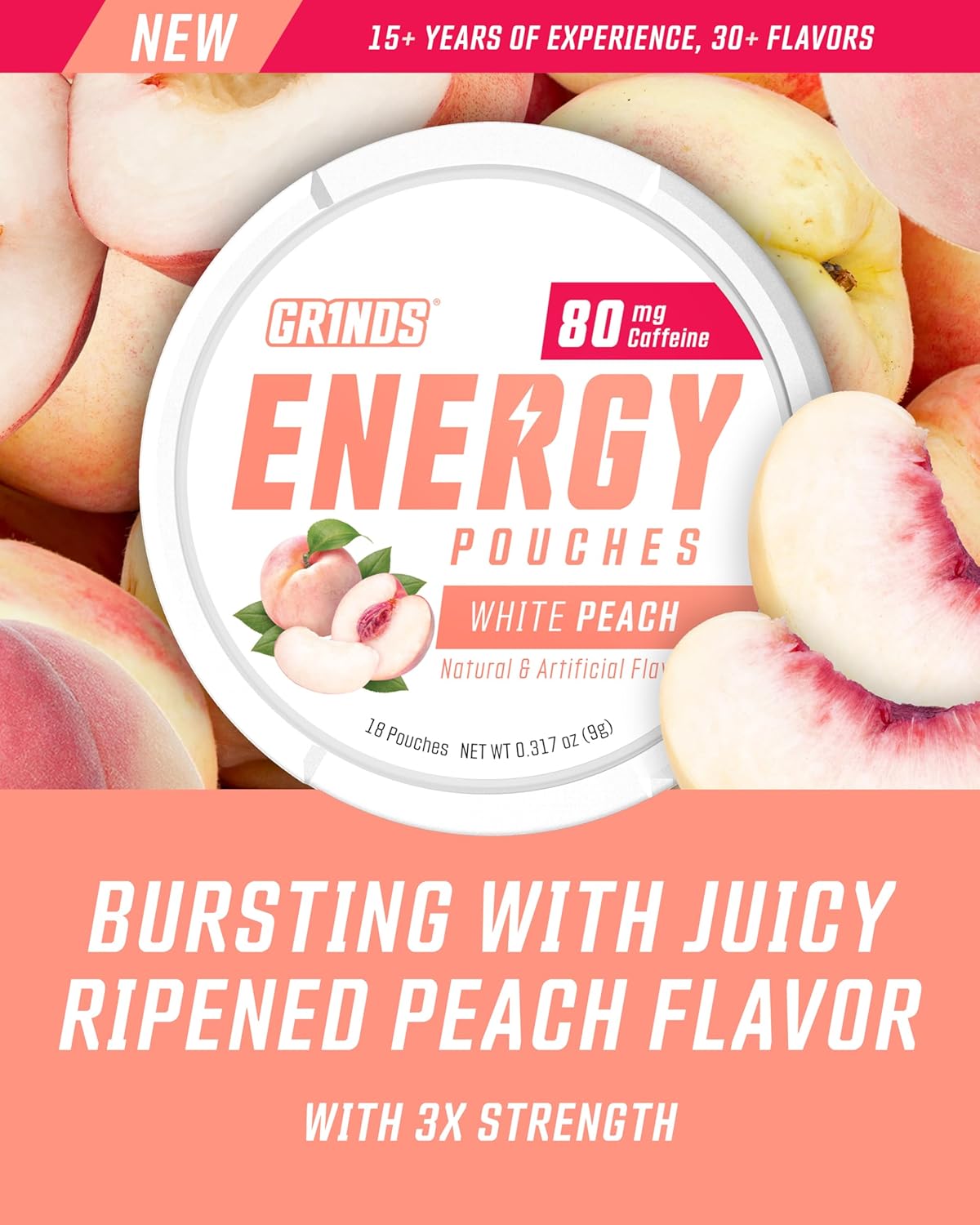 GRINDS Energy Pouches - Natural Caffeine Pouches - Contains B-Vitamins, Sugar-Free, & 0 Calories - 80mg of Caffeine in Each Pouch - White Peach - 6 Pack, 15 Pouches Per Can - Image 3
