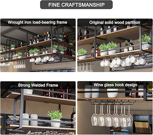 Miniatura 4 de Estante de techo para copas de vino, estante colgante de vino de 31.4 pulgadas con soporte para vidrio y estante, soporte industrial para botellas